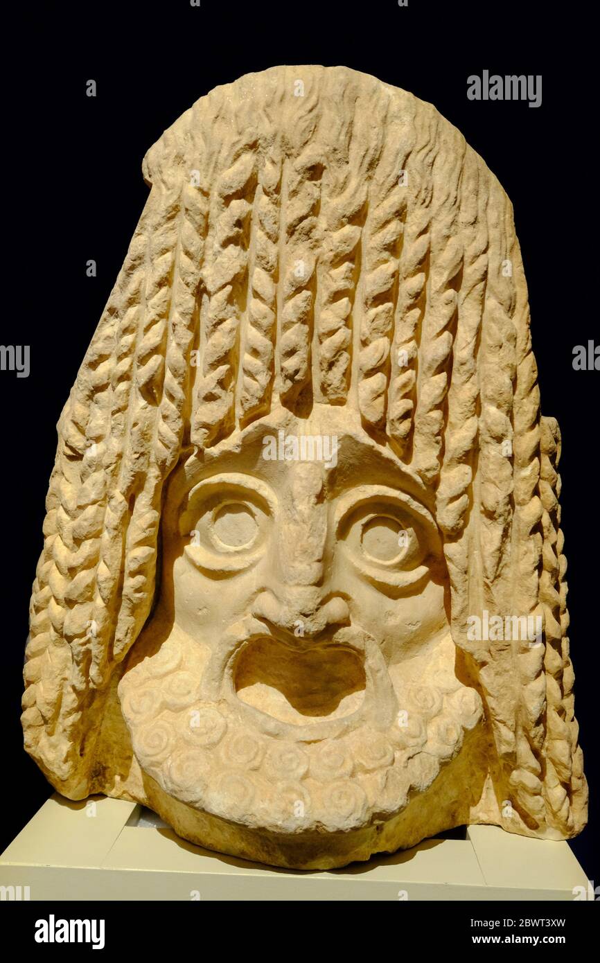 Máscara teatral de mármol, Museo Arqueológico Nacional, Atenas, Grecia, Europa Foto de stock
