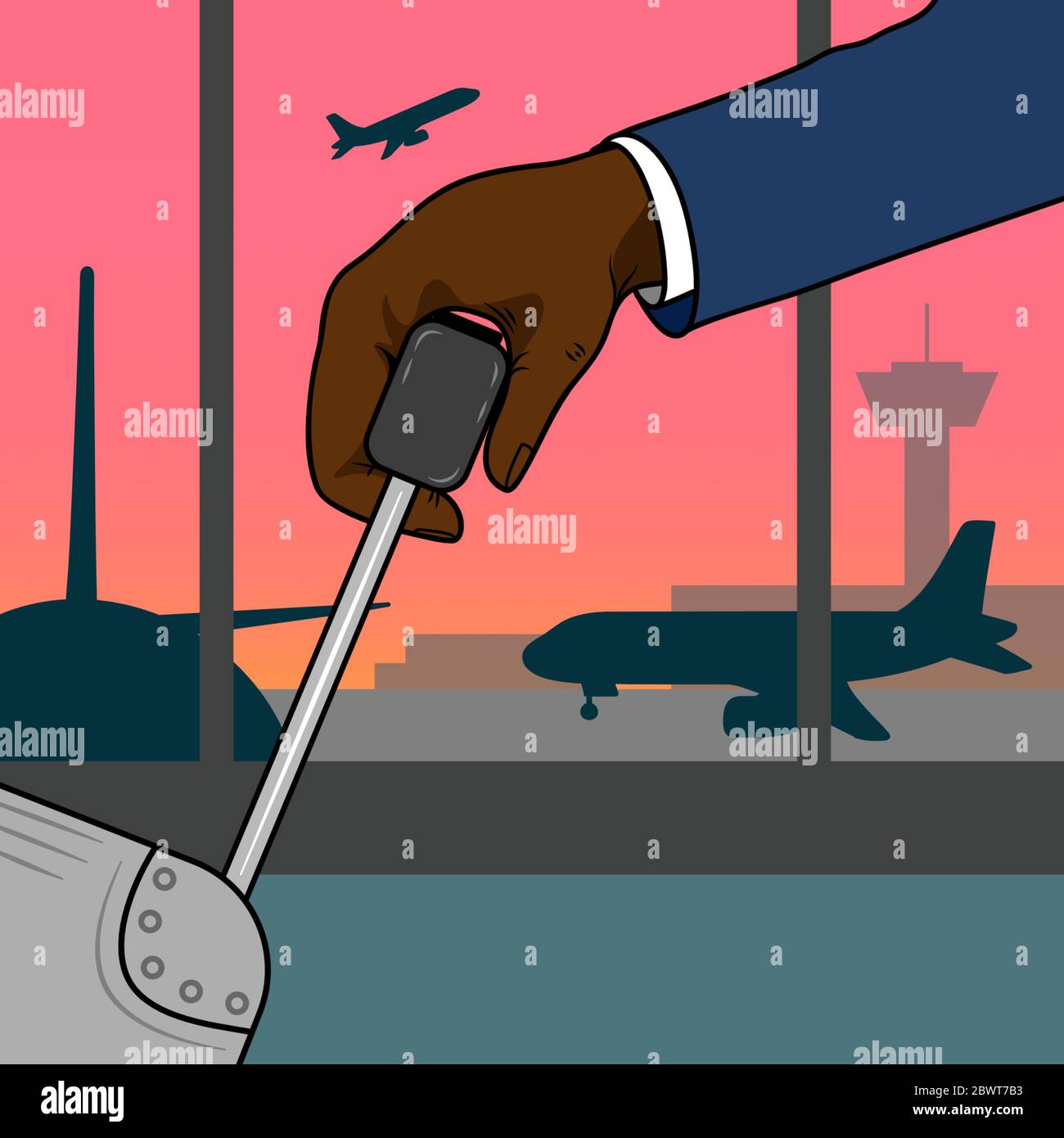 Mano de hombre tirando de la maleta en la terminal del aeropuerto al atardecer Foto de stock