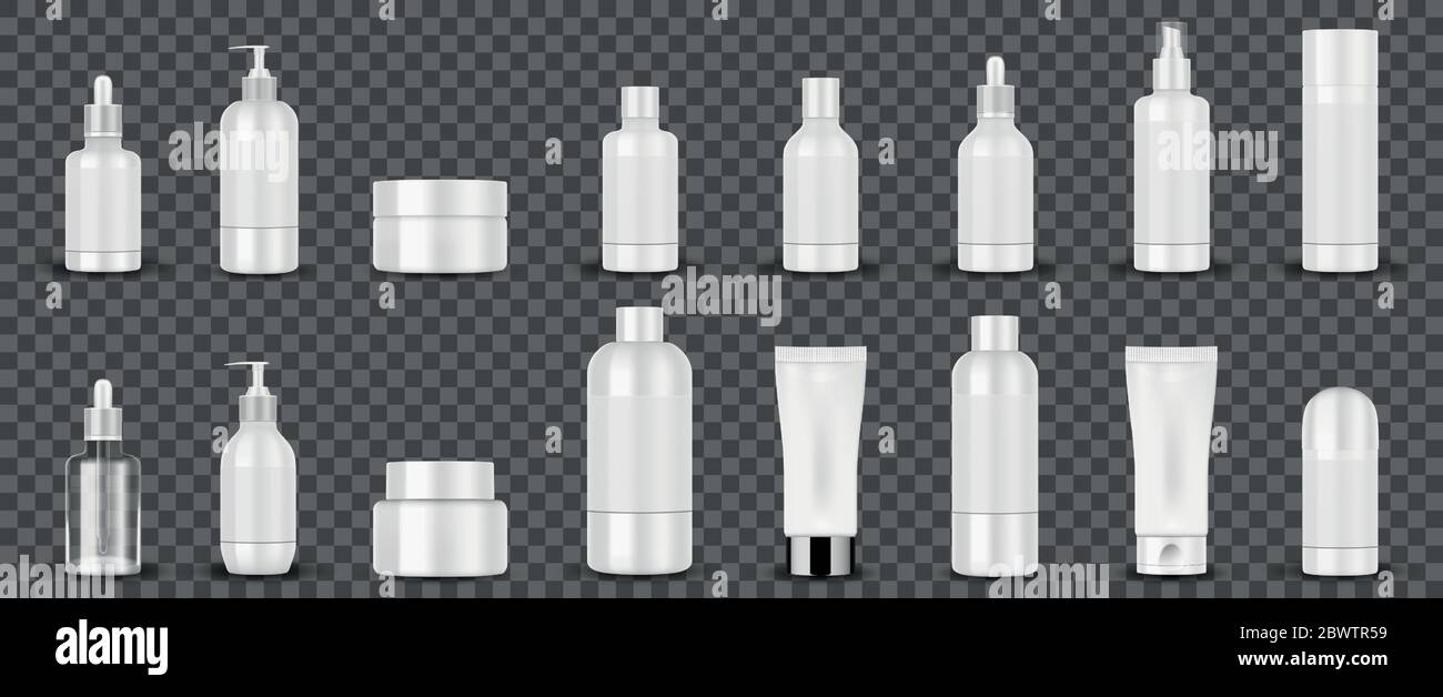 Tubos cosméticos blancos en blanco sobre fondo transparente. Envases cosméticos blancos crema de manos, champú, perfume, jabón líquido, aerosol, botella de loción Ilustración del Vector