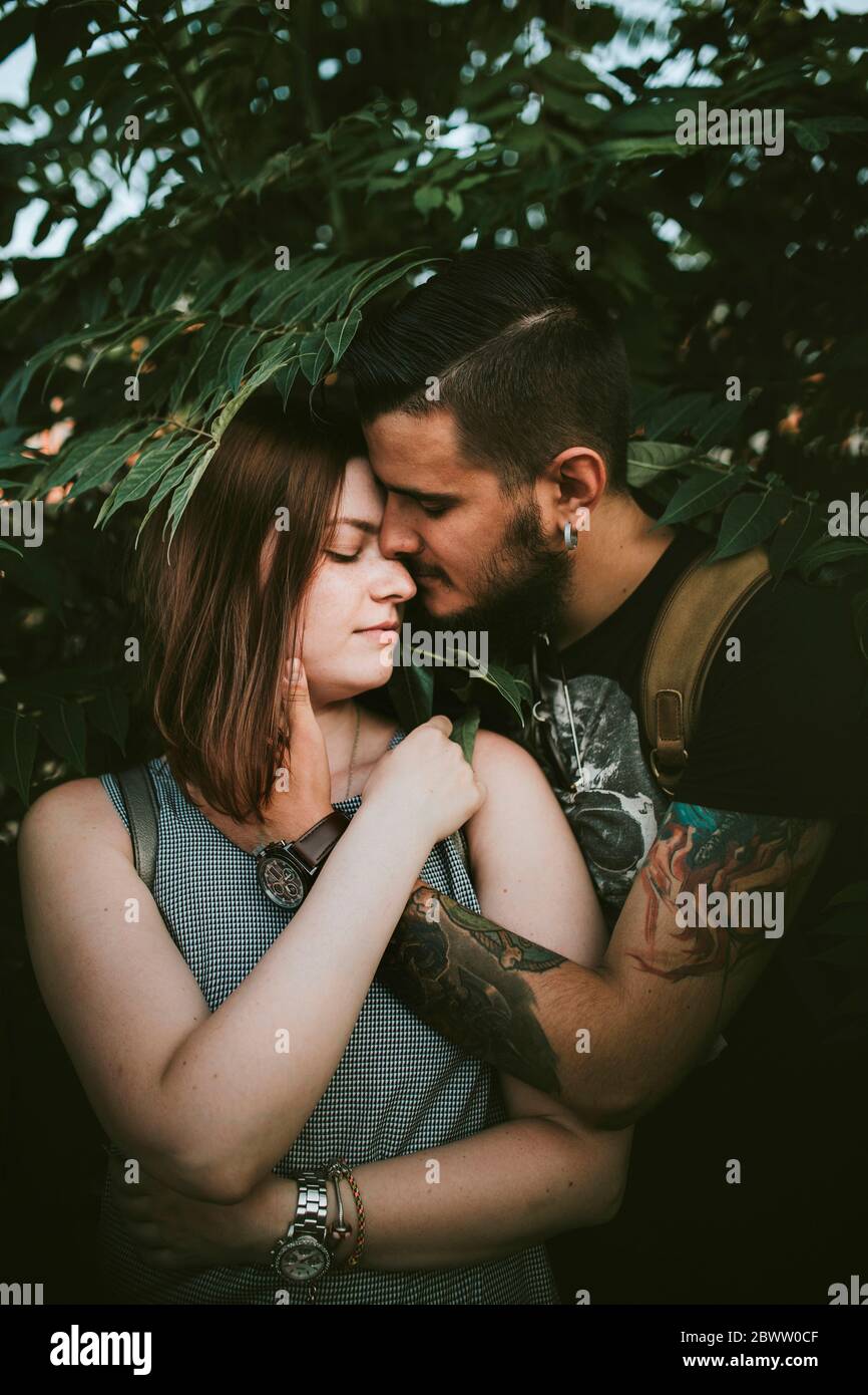 Una pareja joven cariñosa en arbustos Foto de stock