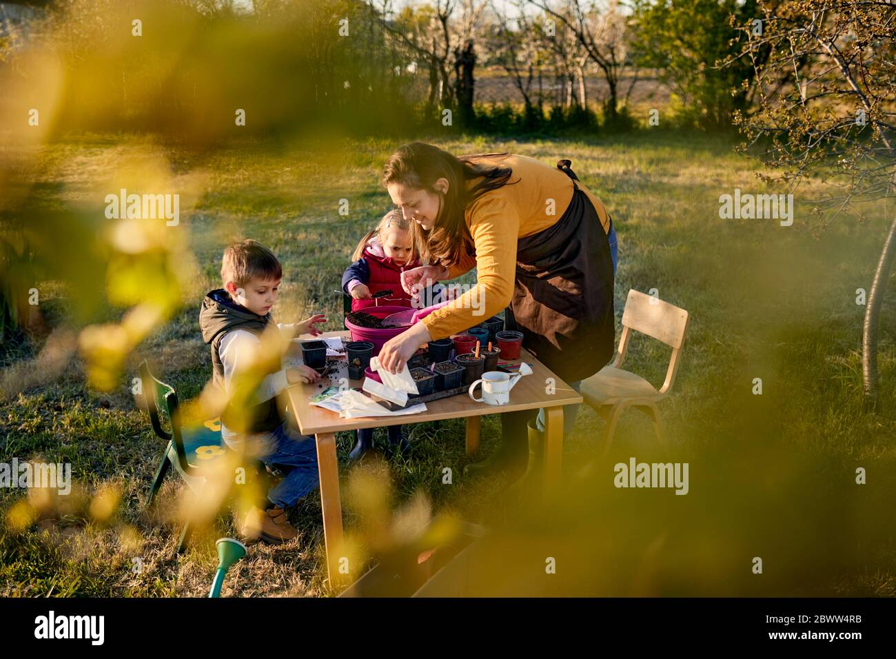 Madre con dos niños jardinería Foto de stock