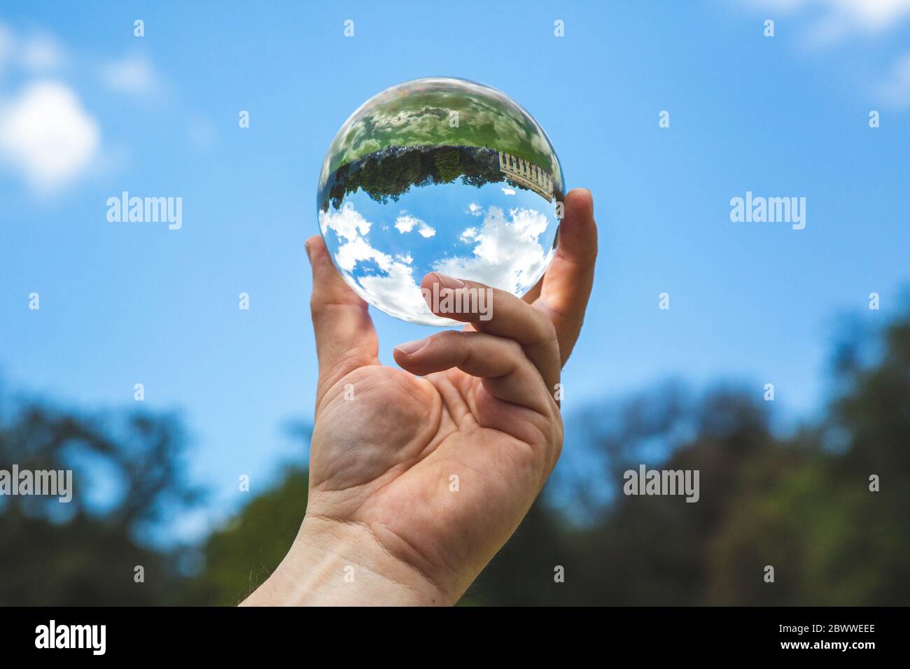 Un hermoso paisaje con árboles y nubes en una bola de cristal transparente Foto de stock