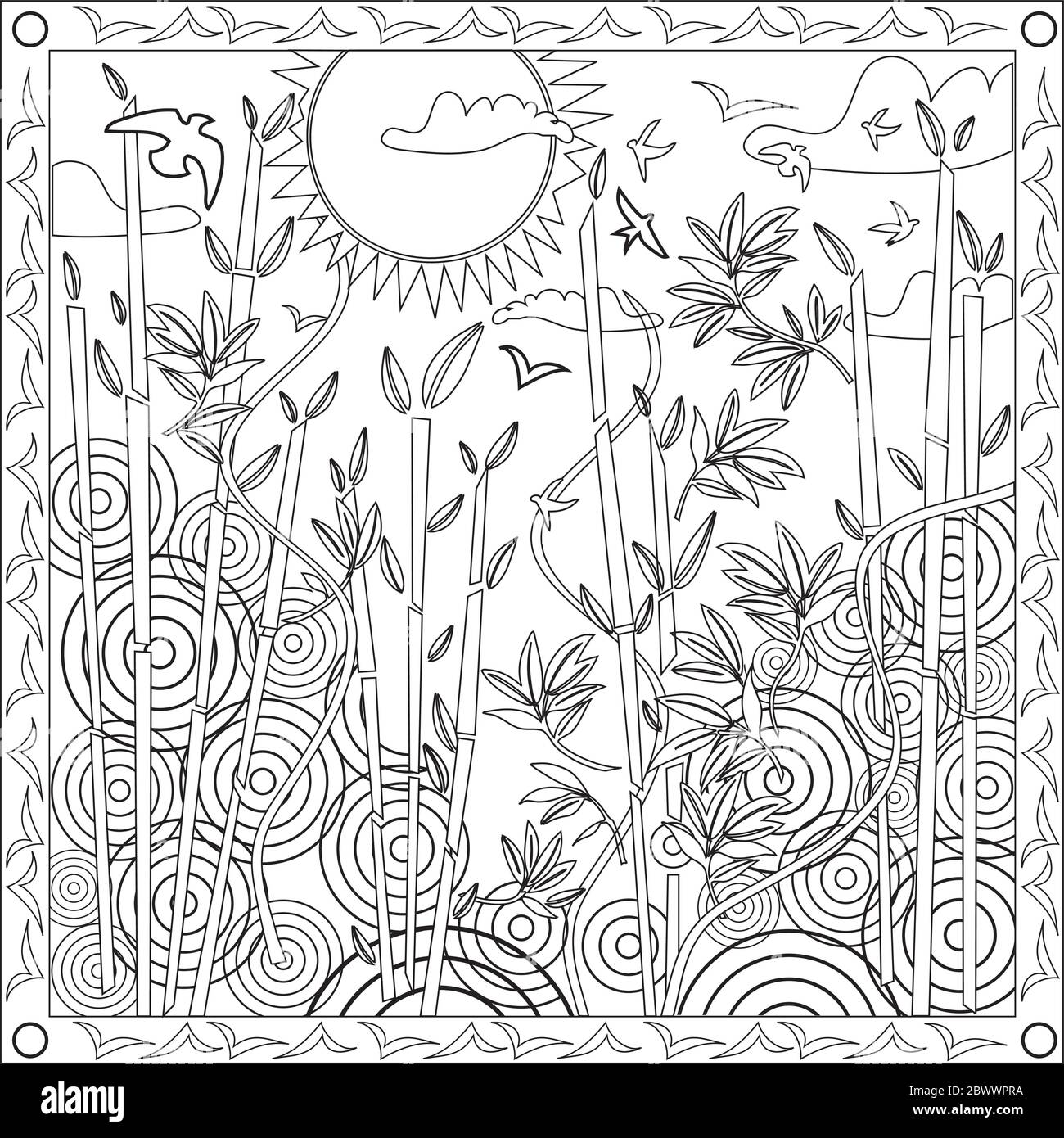 Página de colores Ilustración en formato cuadrado para adultos, bambú, círculos y Diseño de puesta de sol Ilustración del Vector