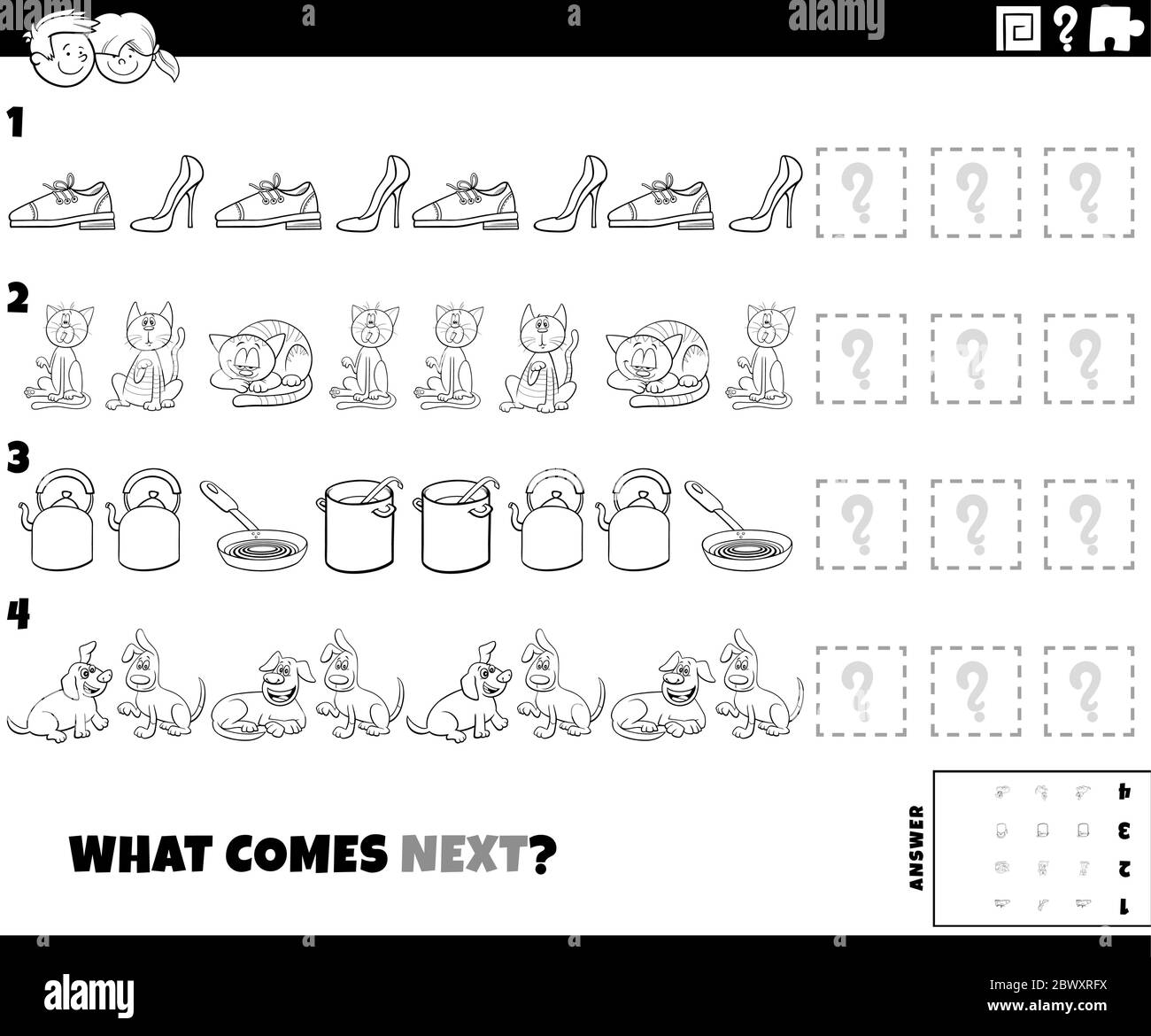 Dibujos animados en blanco y negro Ilustración de completar el Juego  Educativo patrón para niños con objetos y personajes de mascotas Página de  Libro de colorear Imagen Vector de stock - Alamy