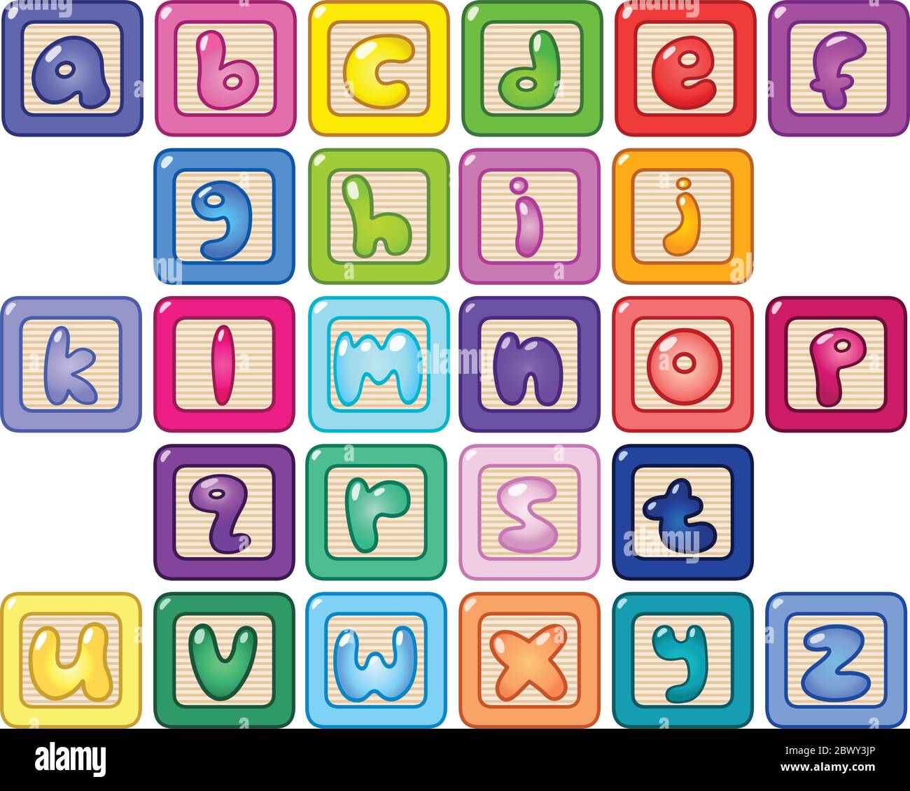 Bloques alfabéticos en minúsculas de colores Ilustración del Vector