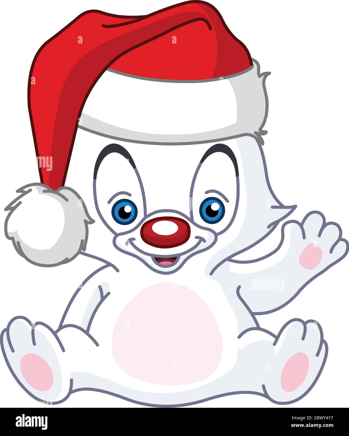 Navidad bebé polar blanco oso de peluche waving y usando un sombrero de Santa Ilustración del Vector