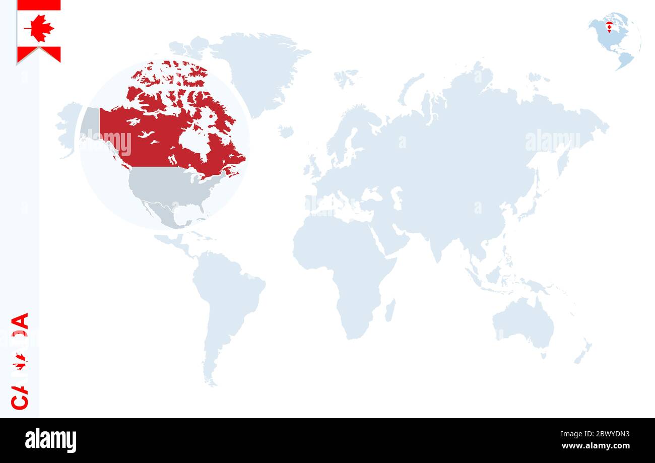 Mapa mundial con aumento de Canadá. Globo terráqueo azul con pin de