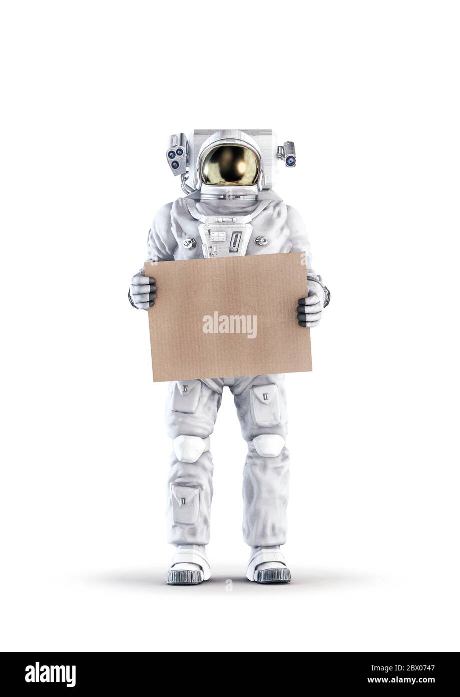 Astronauta con mensaje / 3D ilustración de traje espacial con figura masculina sosteniendo letrero de cartón en blanco aislado sobre fondo blanco de estudio Foto de stock