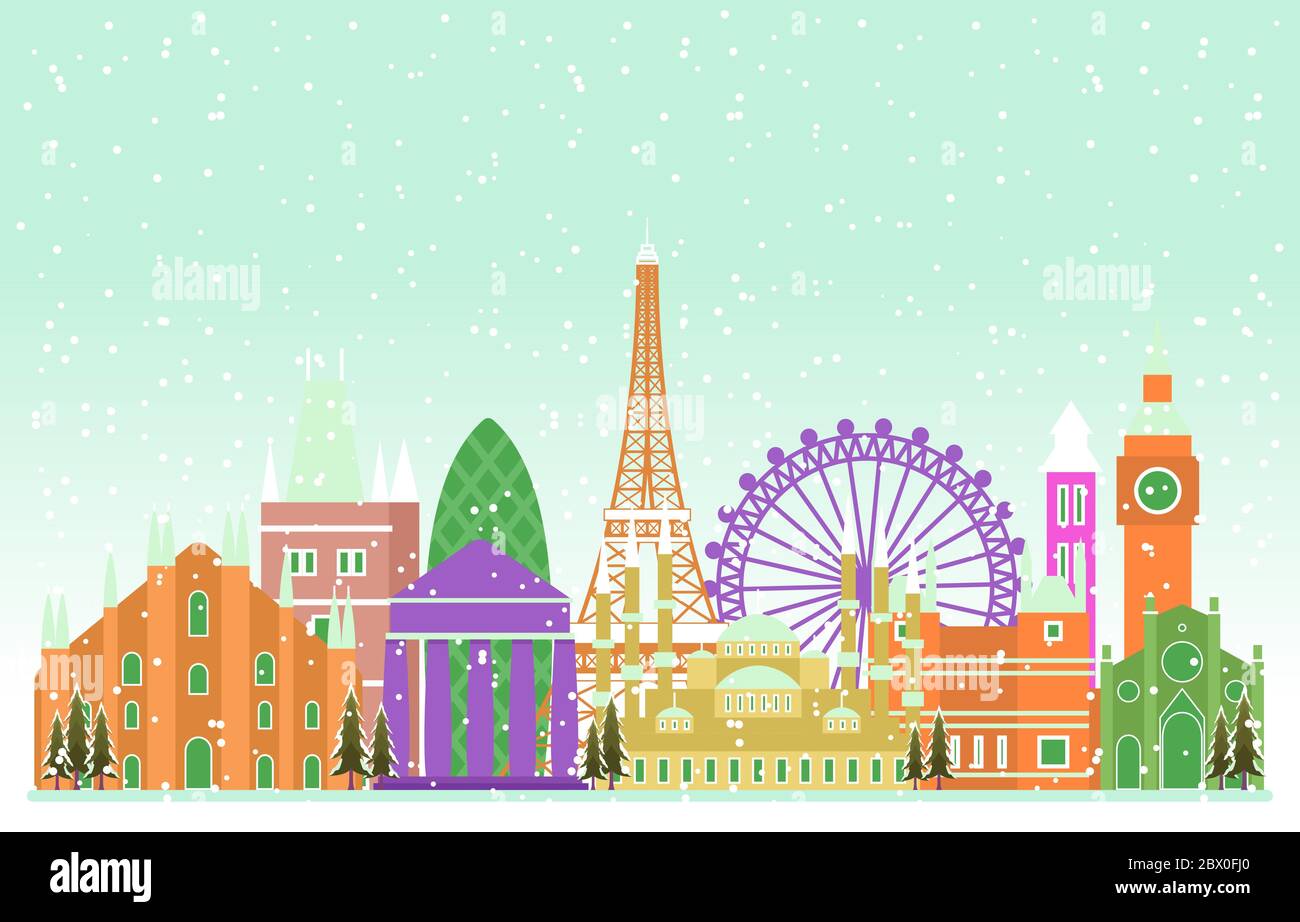Invierno nieve en Europa Ciudad paisaje urbano Skyline edificio Landmark Ilustración Ilustración del Vector