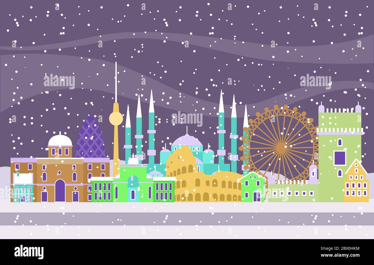 Invierno nieve en Europa Ciudad paisaje urbano Skyline edificio Landmark Ilustración Ilustración del Vector