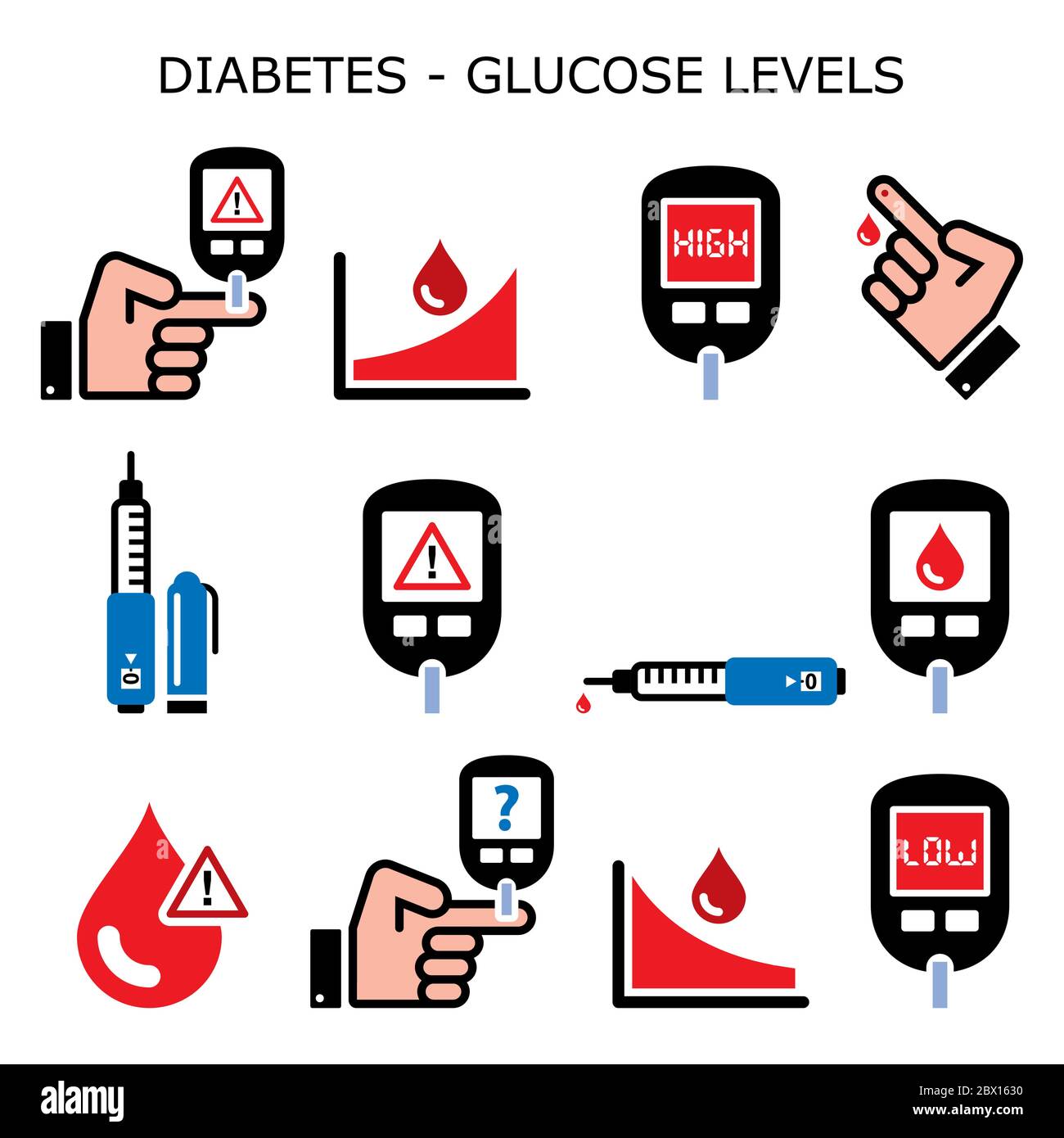 Diabetes, diabético salud vector color iconos conjunto - azúcar alto y bajo, niveles de glucosa - hipoglucemia, diseño de hiperglucemia Ilustración del Vector