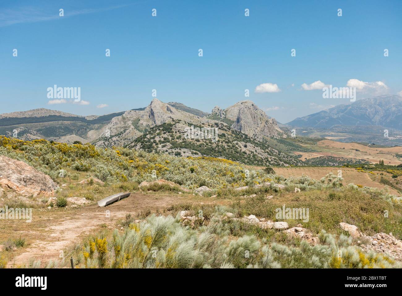 Campo y campos de granja con las montañas de piedra caliza cerca de Alfarnate, Andalucía, España. Foto de stock