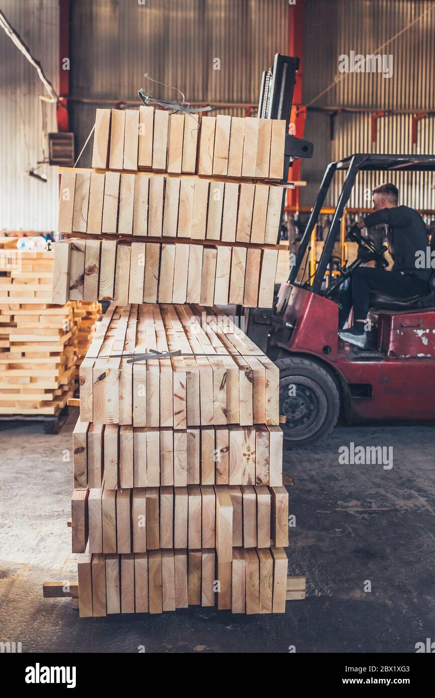 Procesamiento de madera en el aserradero industria de la carpintería carga y descarga