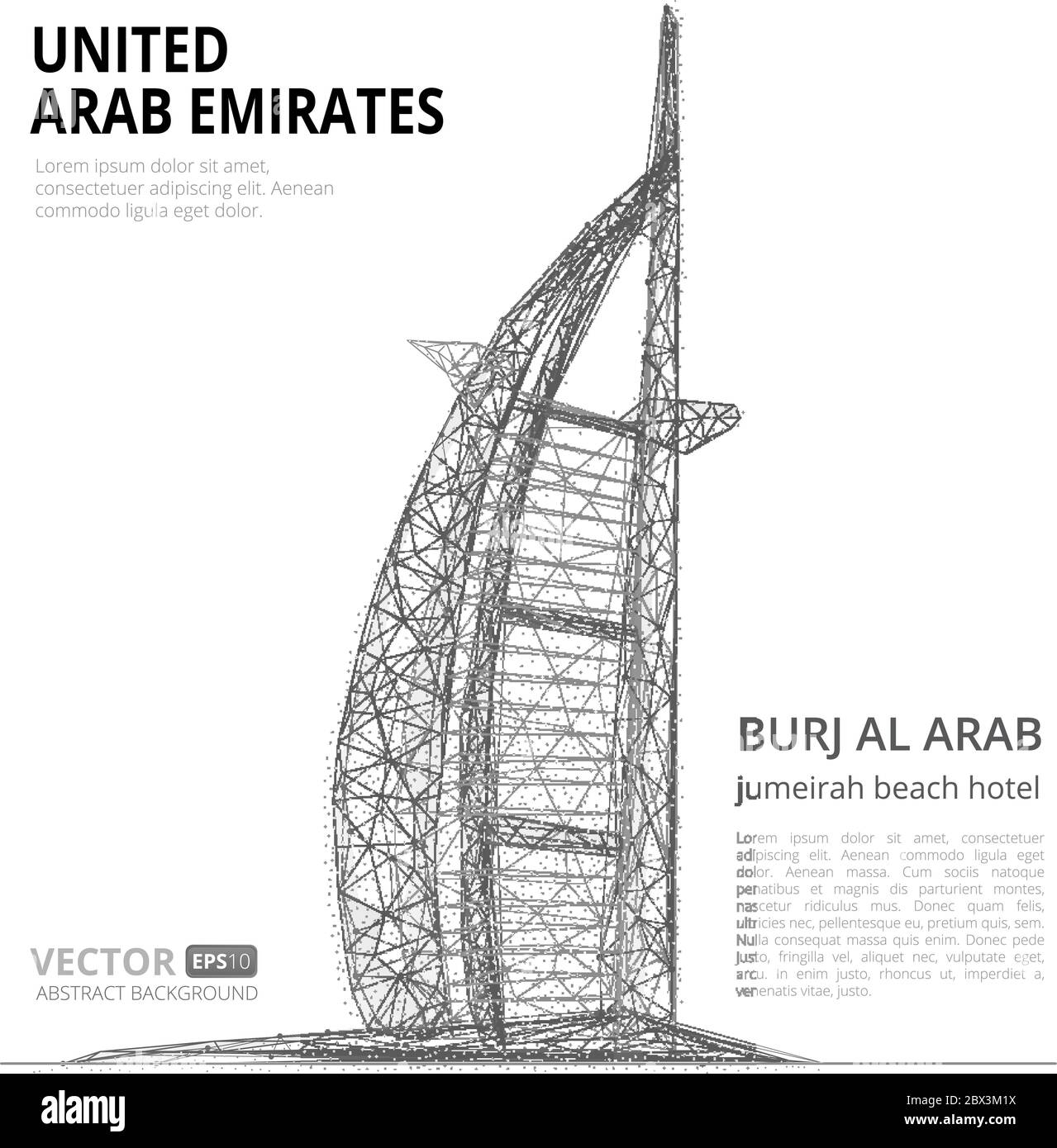 Burj al Arab hotel rascacielos vector ilustración. Emiratos Árabes Unidos Dubai punto de referencia que consiste en polígonos, puntos y líneas sobre fondo oscuro. PE Ilustración del Vector