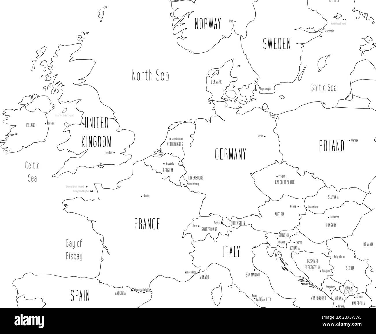 Mapa de Europa Occidental. Estilo de fideos dibujados a mano. Ilustración vectorial. Ilustración del Vector