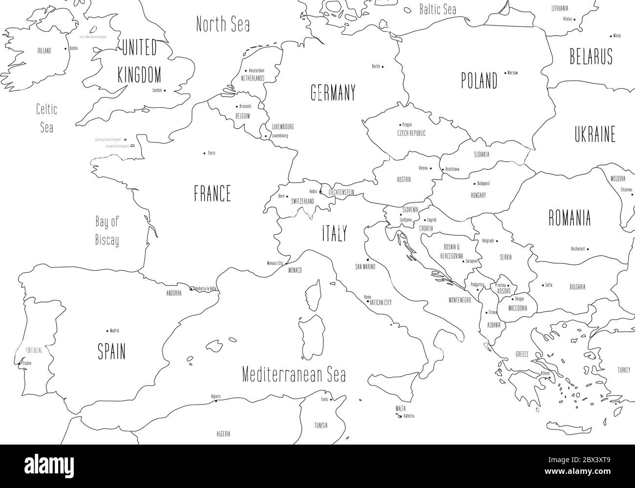 Mapa de la parte sur de Europa. Estilo de fideos dibujados a mano. Ilustración vectorial. Ilustración del Vector