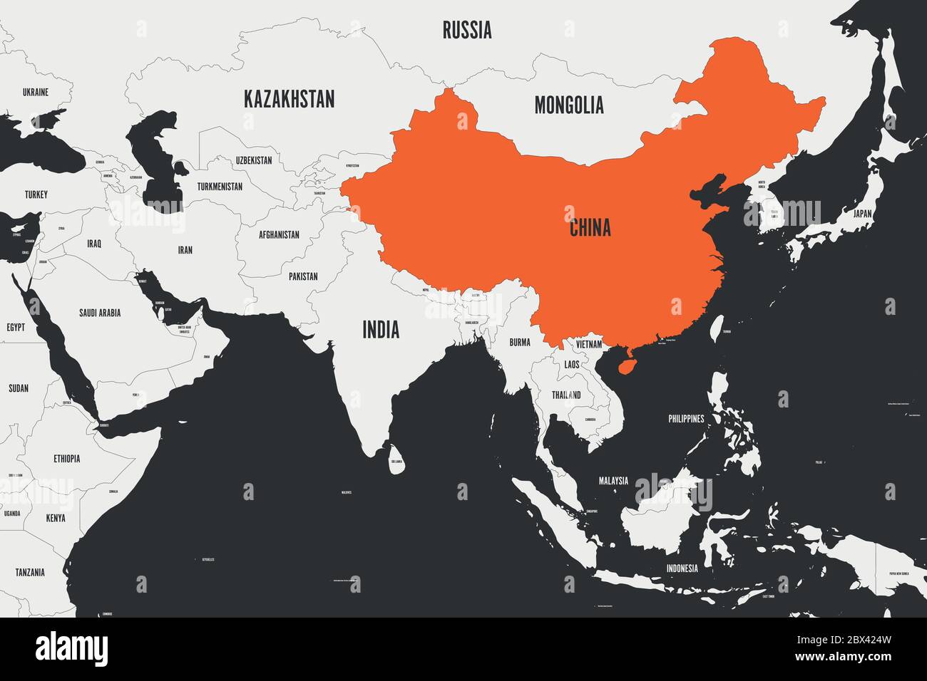 China naranja marcado en el mapa político del sur de Asia. Ilustración vectorial. Ilustración del Vector