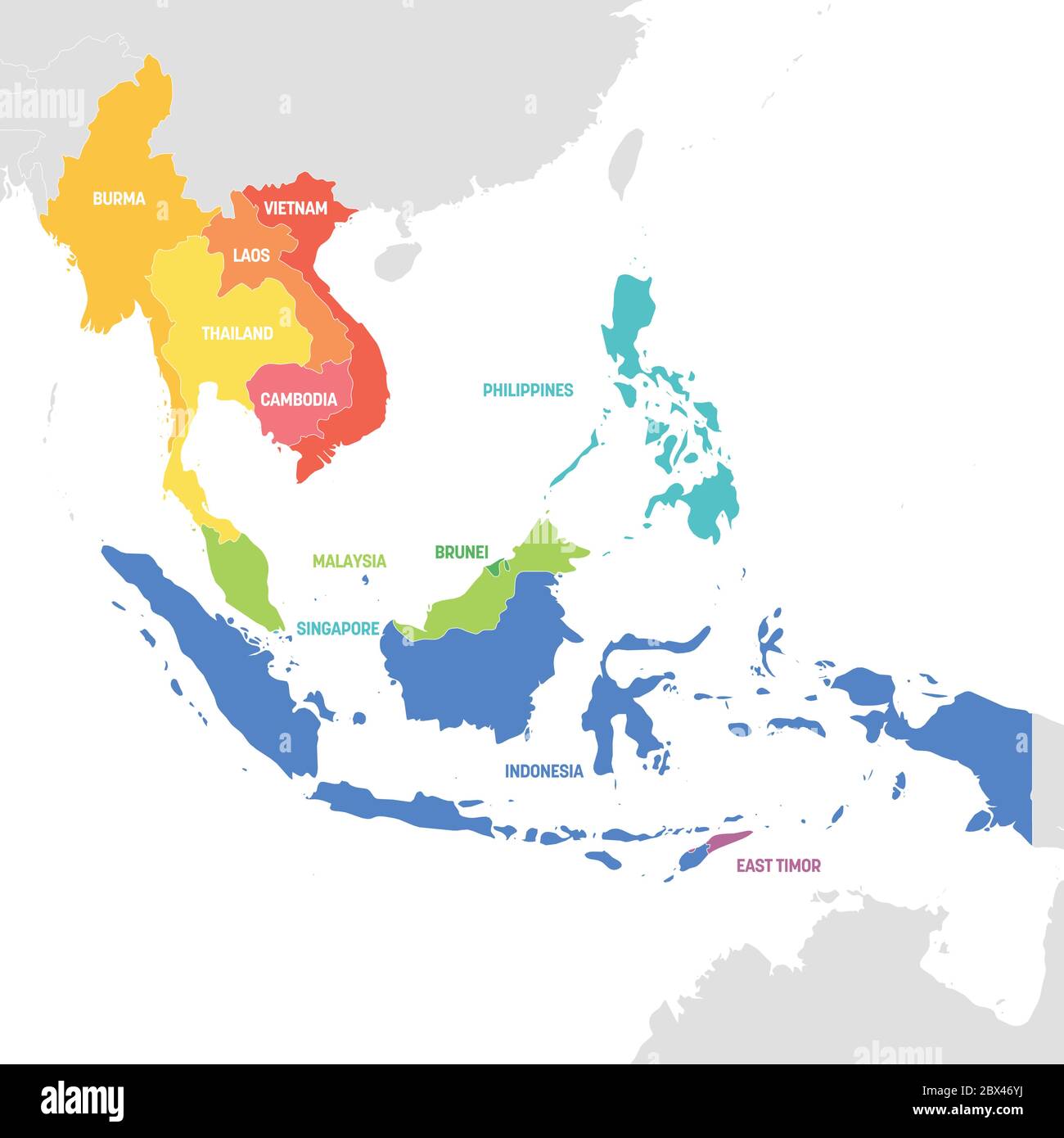 Región del sudeste asiático. Mapa colorido de países del sudeste asiático.  Ilustración vectorial Imagen Vector de stock - Alamy
