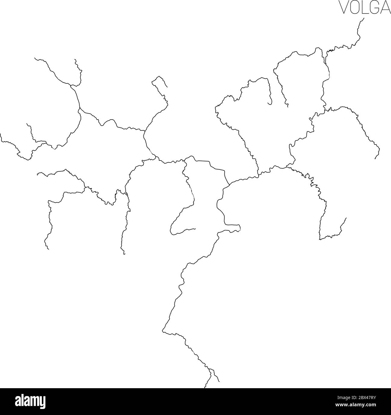 Mapa de la cuenca hidrográfica del río Volga. Ilustración simple de vector de contorno delgado. Ilustración del Vector