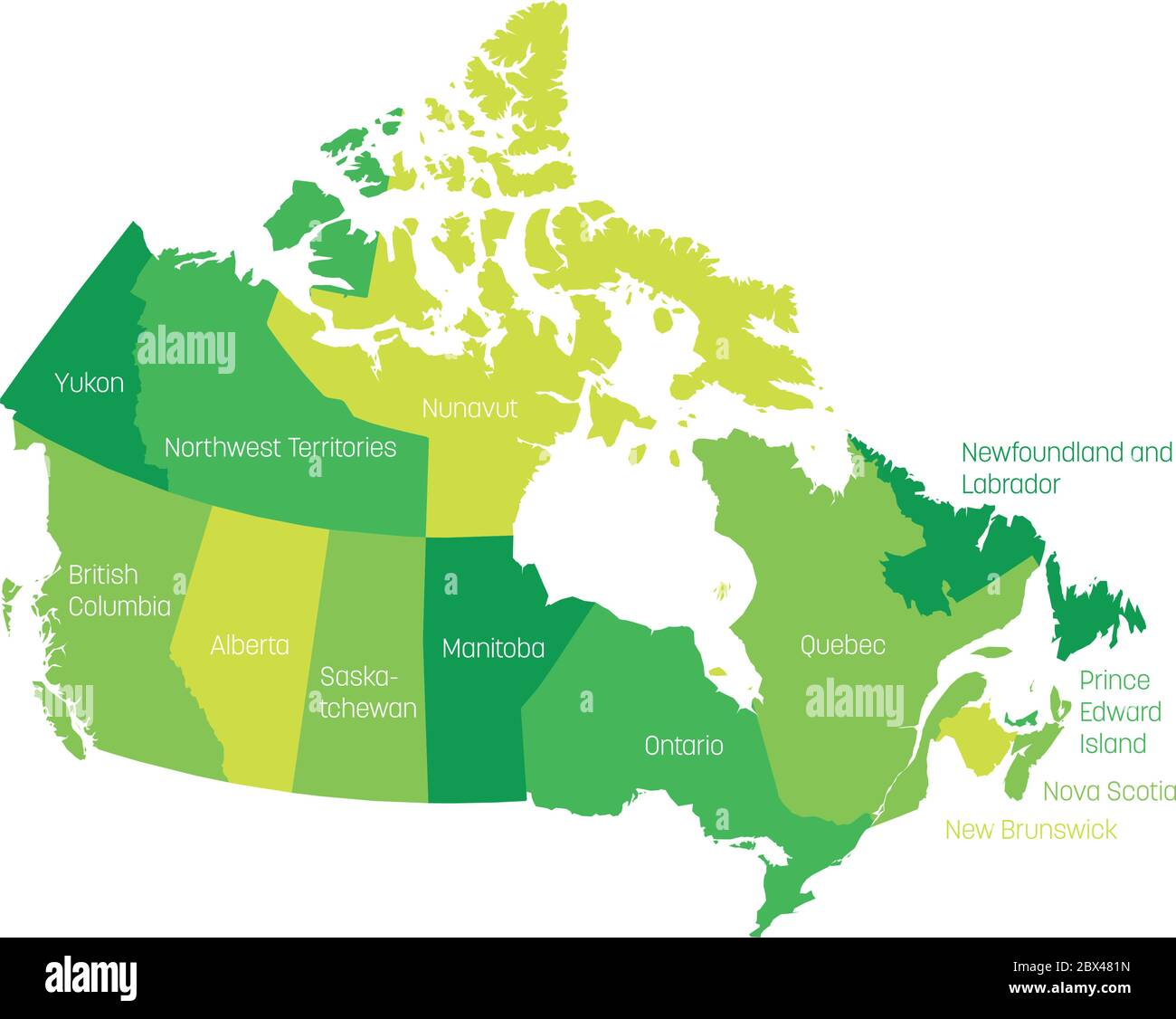 Mapa de Canadá dividido en 10 provincias y 3 territorios. Regiones administrativas de Canadá. Mapa verde con etiquetas. Ilustración vectorial. Ilustración del Vector