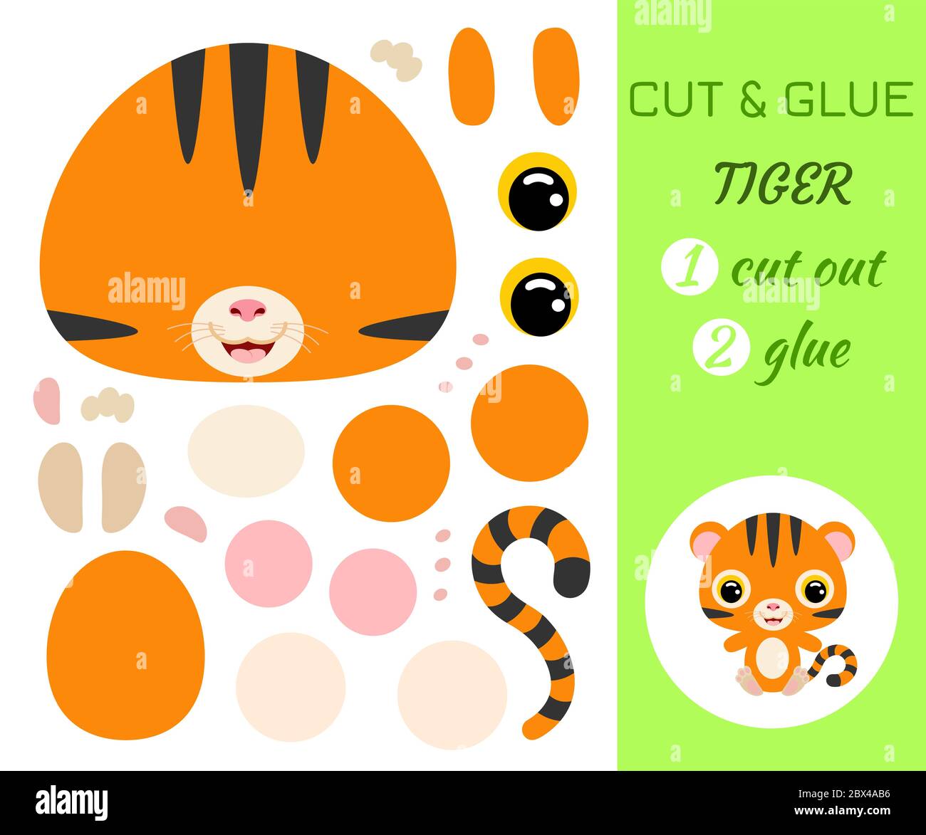 Cortar Y Pegar Al Bebe Sentado Tigre Juego De Aplicacion De Papel En Color Juego De Papel Educativo Para Ninos Preescolares Animal De La Selva Personaje De Dibujos Animados Plano V Imagen