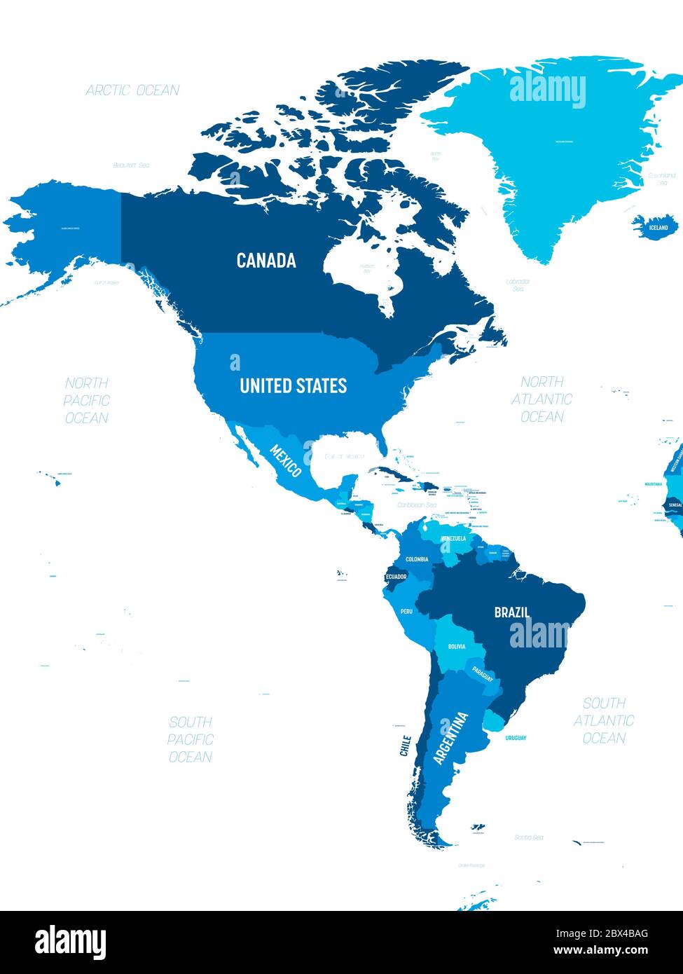 Mapa de América - tono verde coloreado sobre fondo oscuro. Mapa político de  alta detalle del continente de América del Norte y del Sur con el  etiquetado de nombres de países, capitales,