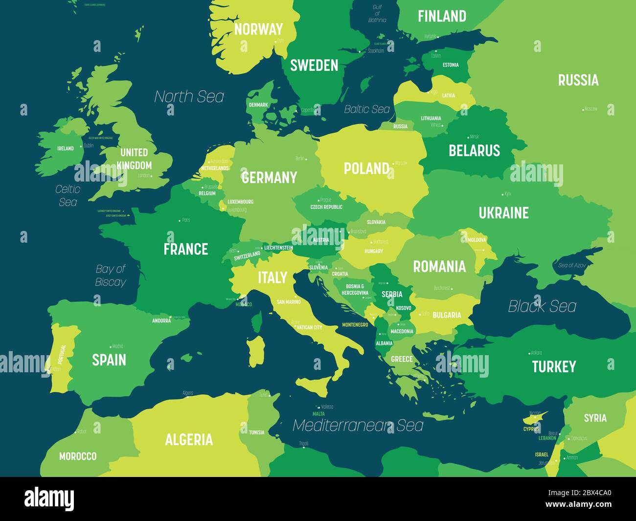 Mapa de Europa: Tono verde sobre fondo oscuro. Mapa político de alto nivel  de detalle del continente europeo con etiquetado de nombres de países,  capitales, océanos y mares Imagen Vector de stock -