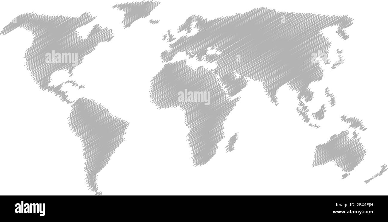 Lápiz garabatear mapa de boceto de World. Dibujo de fideos a mano. Ilustración vectorial gris sobre fondo blanco. Ilustración del Vector