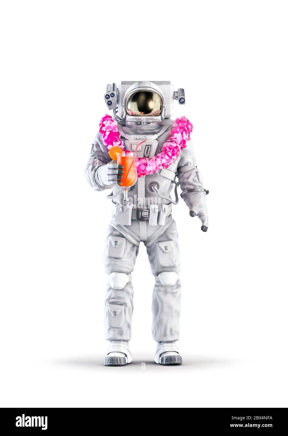 Astronauta tropical de vacaciones / 3D ilustración de traje espacial con figura masculina de vacaciones con cóctel de frutas y lei de flores hawaianas aisladas en whi Foto de stock
