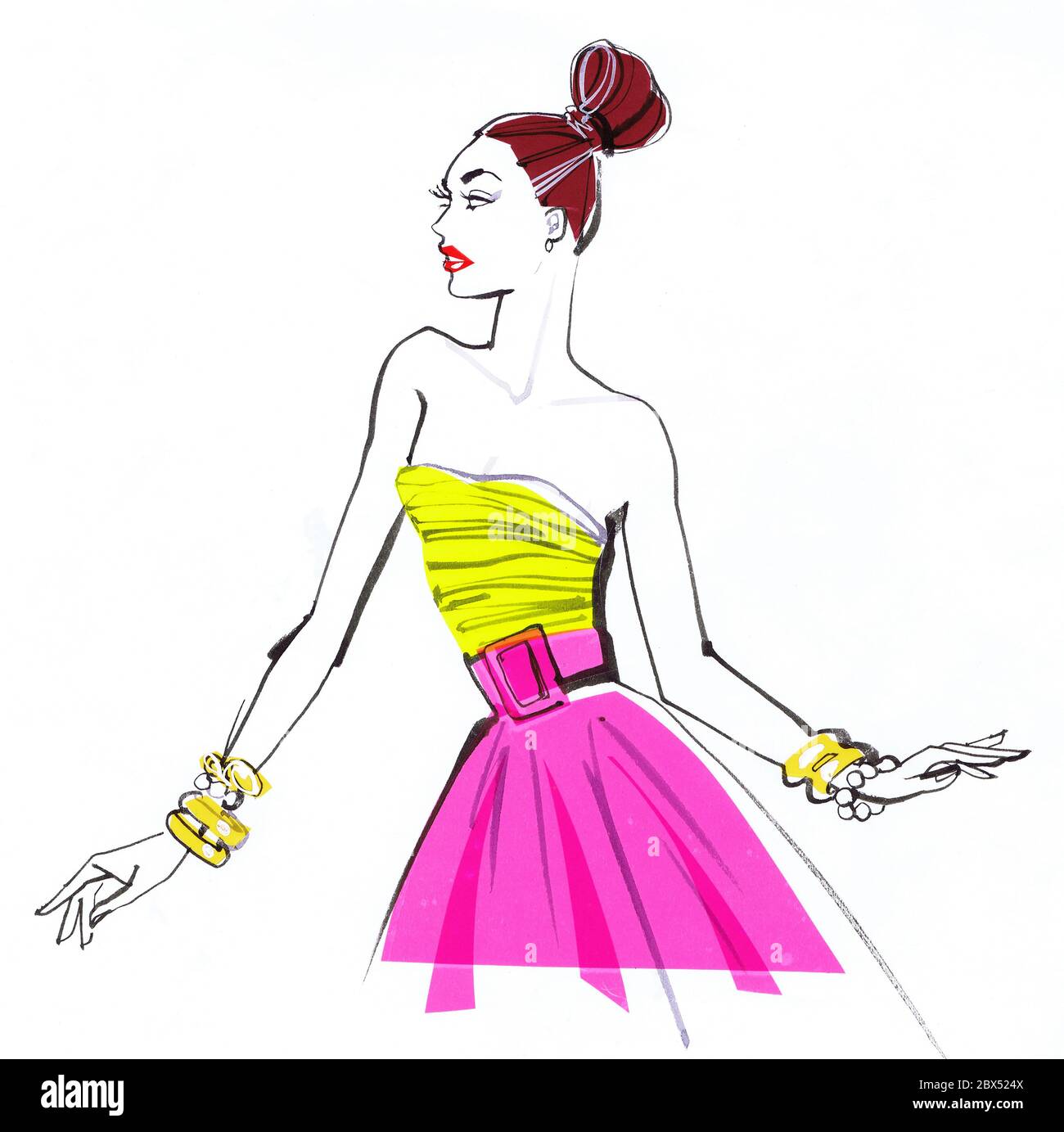 Mujer de moda que lleva amarillo fuera de los hombros top y falda rosa Foto de stock