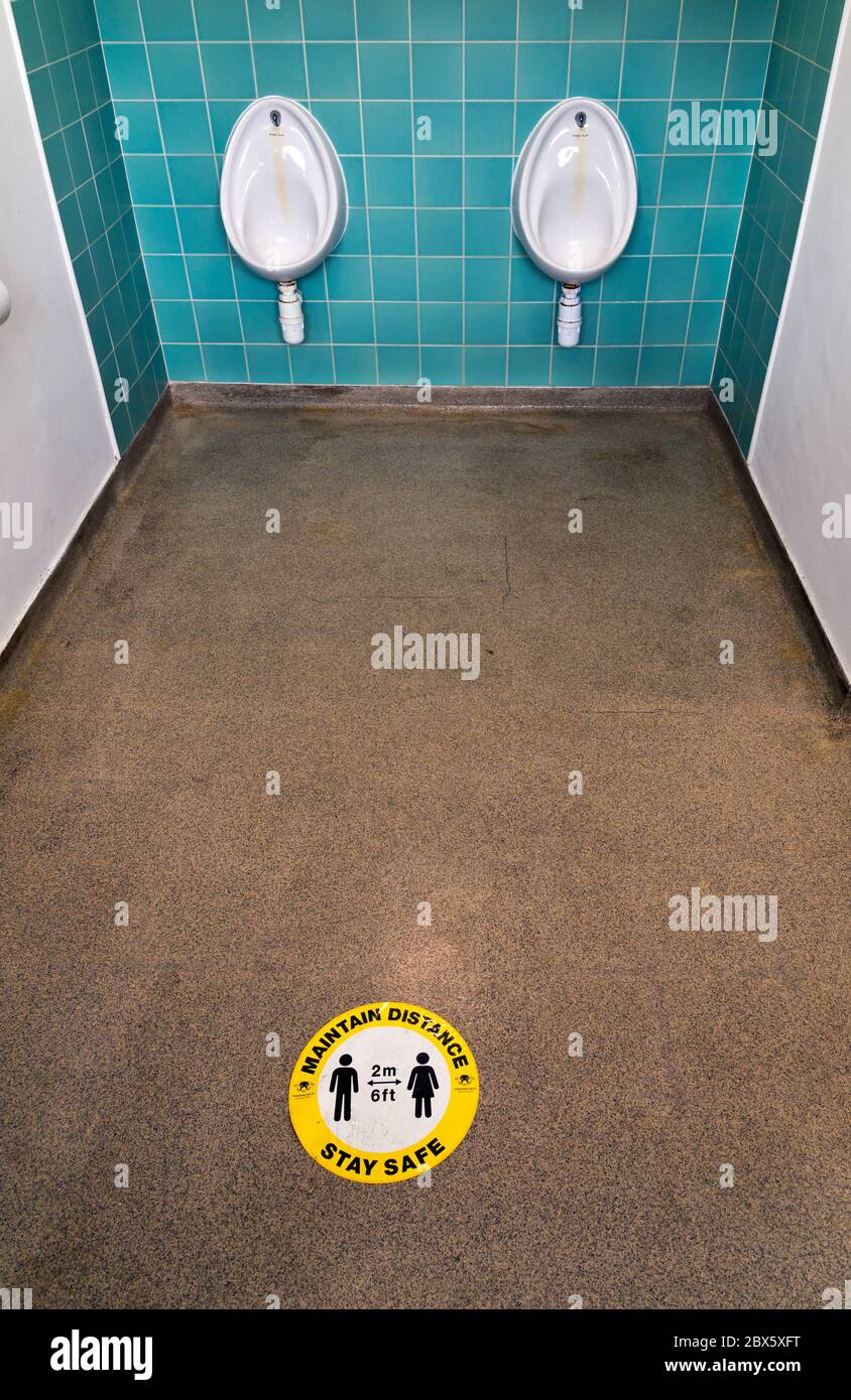 Sanitarios Gents con signo de distanciamiento social Covid-19, Stainforth, Parque Nacional Yorkshire Dales, Reino Unido. Divertido el signo casi implica un unisex loo. Foto de stock