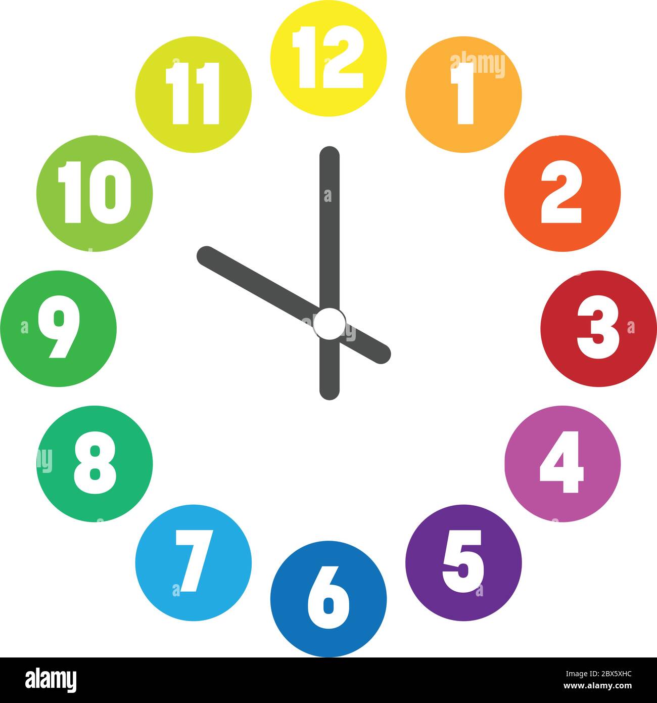 tofu Unión Cálculo Cara de reloj colorida. Marca de hora con números en círculos de colores.  Ilustración simple de vector plano Imagen Vector de stock - Alamy