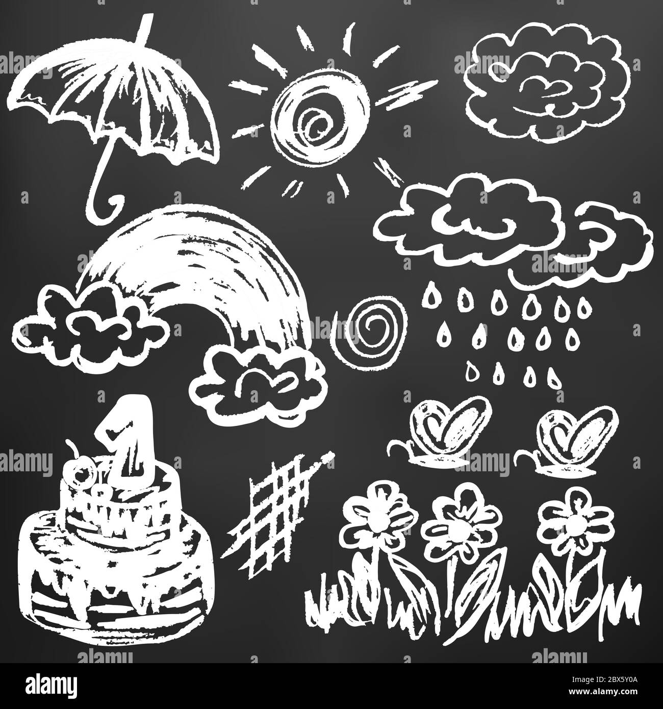 Dibujo de niños lindo. Tiza blanca en una pizarra negra. Iconos, signos,  símbolos, alfileres. Luna, nubes lluvia arco iris Imagen Vector de stock -  Alamy