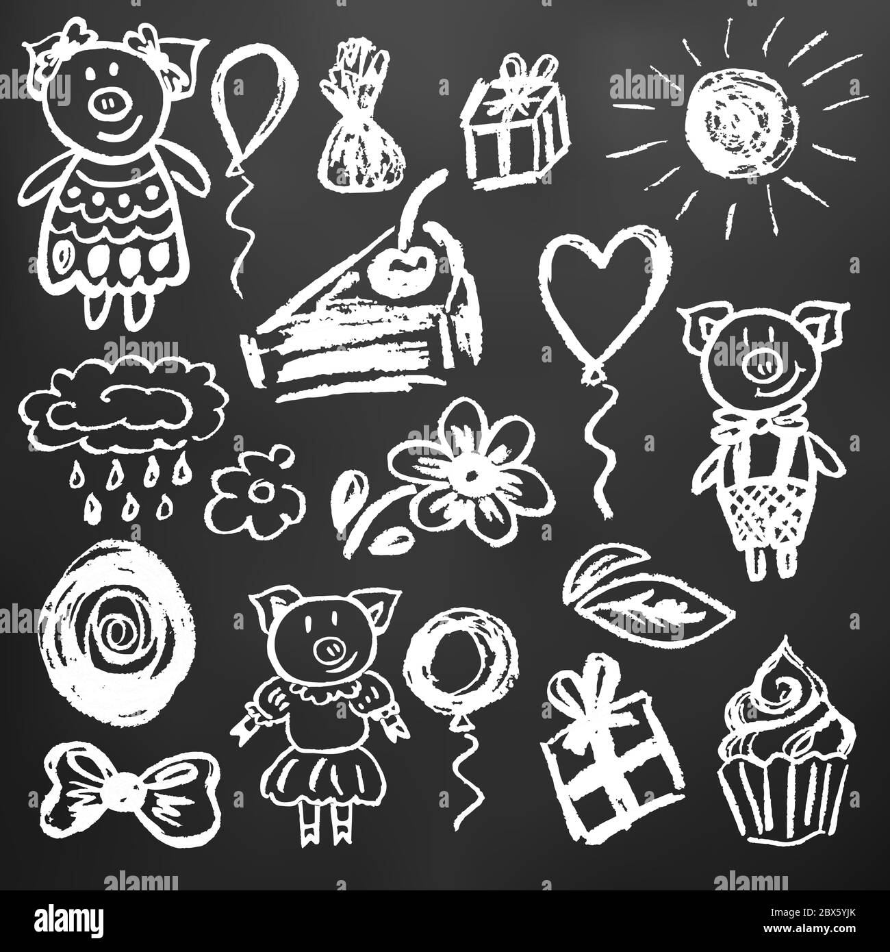 Dibujo de niños lindo. Tiza blanca en una pizarra negra. Iconos, signos,  símbolos, alfileres. Pastel, globos de cupcake Imagen Vector de stock -  Alamy
