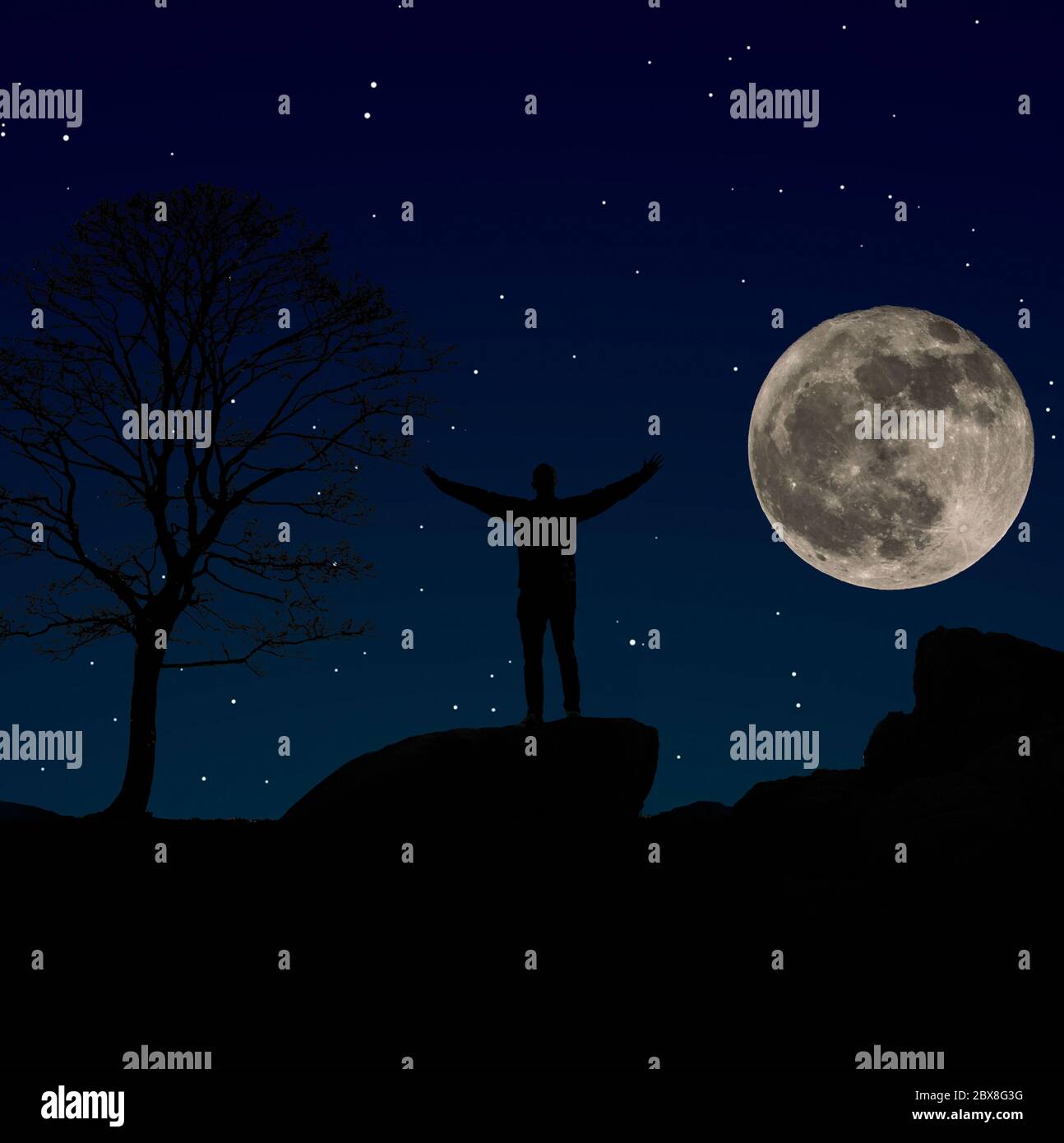 photo Hombre Mujer Mirando La Luna Llena https www alamy es silueta de un hombre junto a un arbol con brazos abiertos mirando un cielo nocturno con luna llena image360376676 html