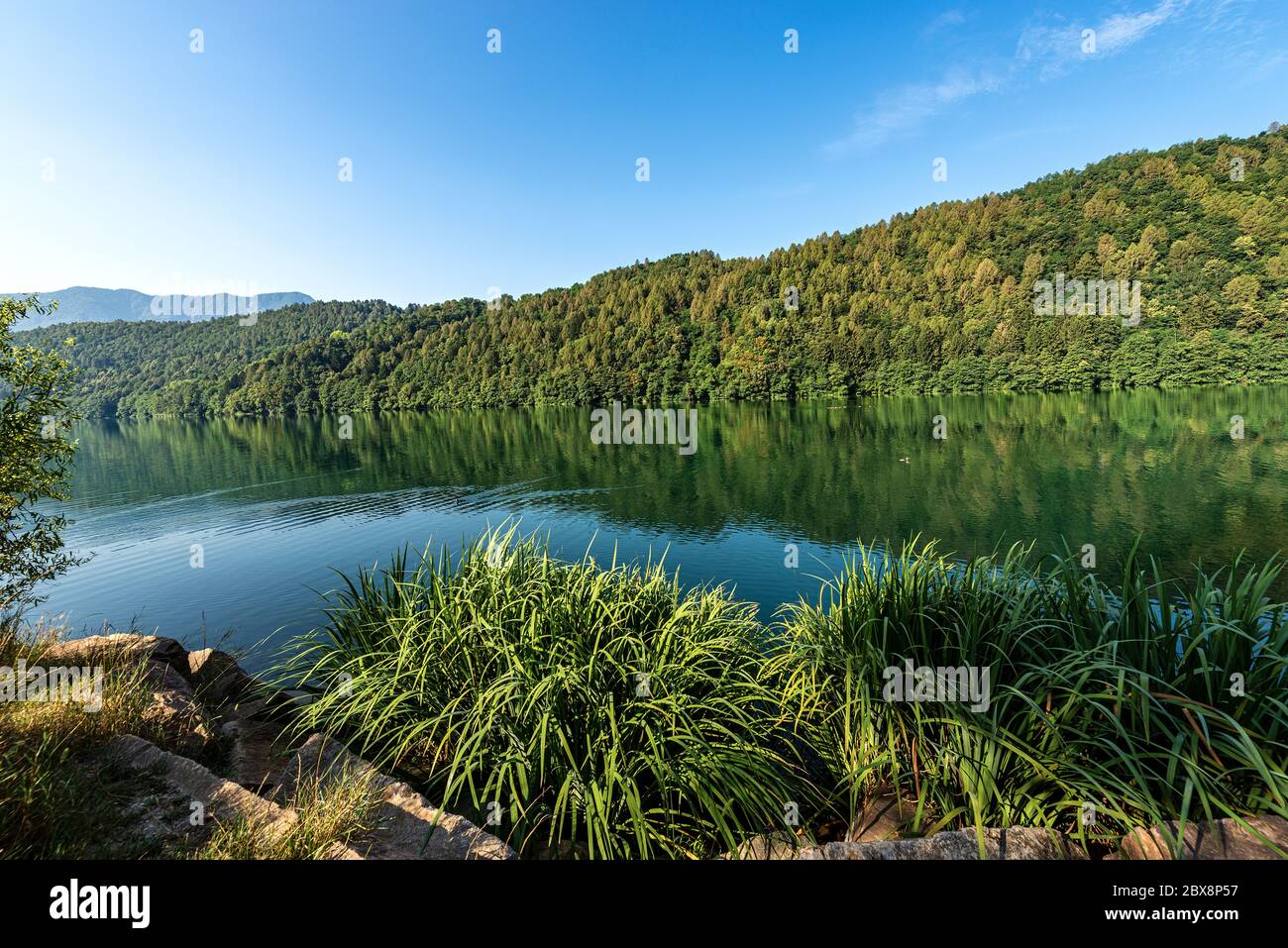 Lago di Levico, pequeño y hermoso lago en los Alpes italianos, ciudad de Levico Terme, provincia de Trento, Trentino Alto Adige, Italia, Europa Foto de stock