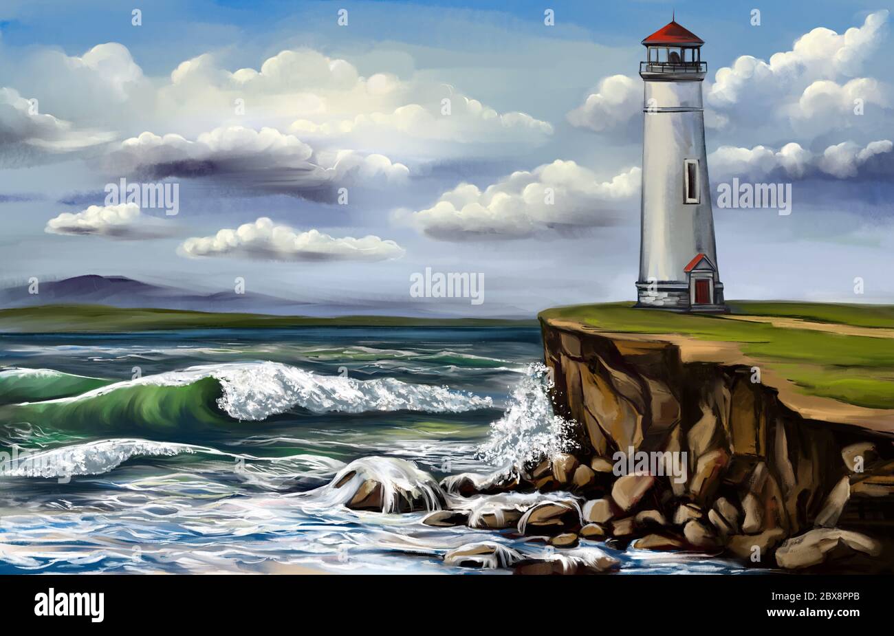 faro y paisaje marino, dibujo a mano ilustración de arte pintado con  acuarelas Fotografía de stock - Alamy