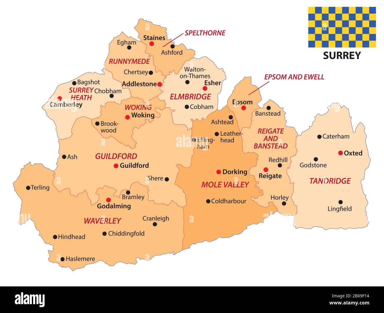 mapa administrativo vectorial del condado inglés de surrey con bandera