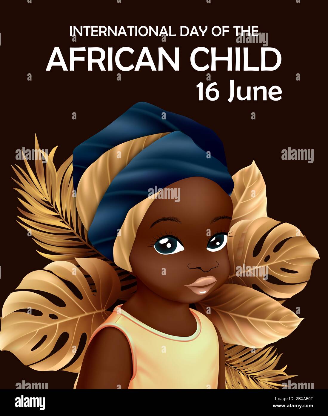 Día Internacional del Niño Africano. Linda niña delante de las hojas tropicales doradas. Foto de stock