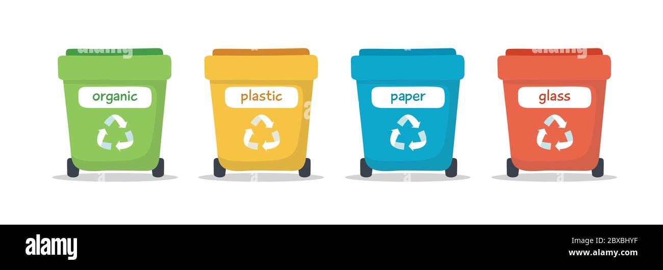 Ilustración de clasificación de residuos con diferentes contenedores de  basura de colores aislados, ilustración para el reciclaje, sostenibilidad  Imagen Vector de stock - Alamy