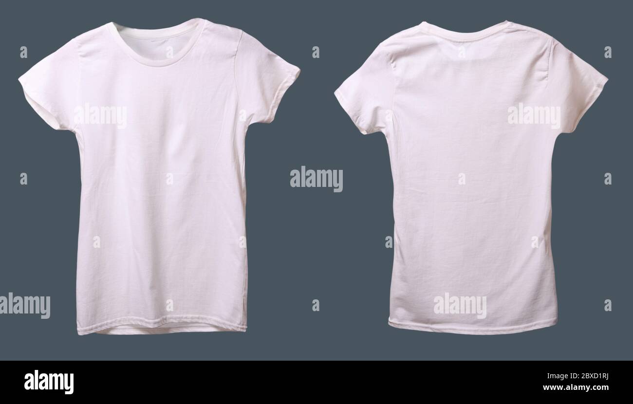 Plantilla de camiseta blanca para mujer, aislada sobre fondo gris, diseño de parte delantera y trasera de stock - Alamy