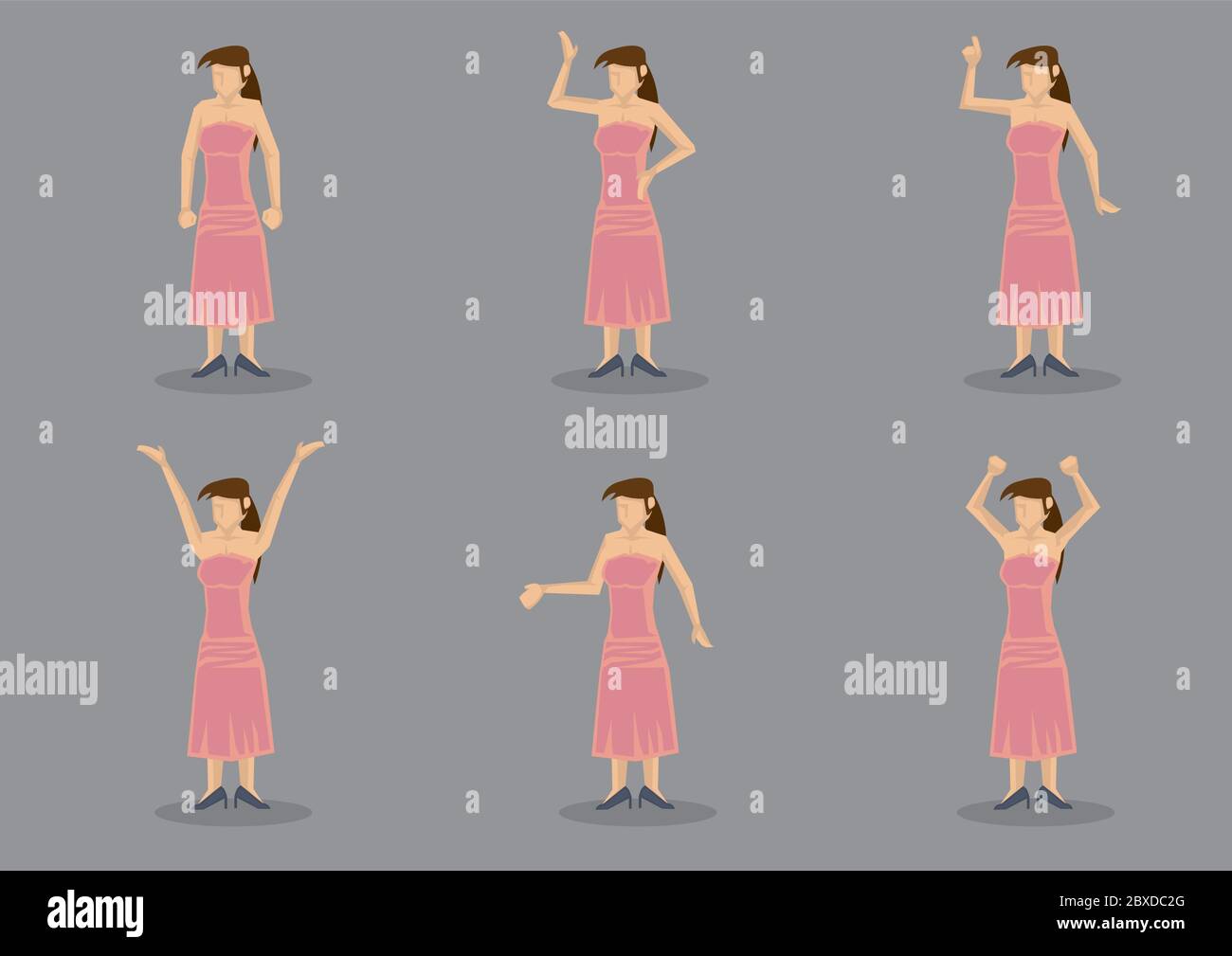 Conjunto de seis vectores ilustración de una joven dama con vestido largo  rosa sin tirantes y tacones negros posando en diferentes gestos aislados en  gris backgro Imagen Vector de stock - Alamy