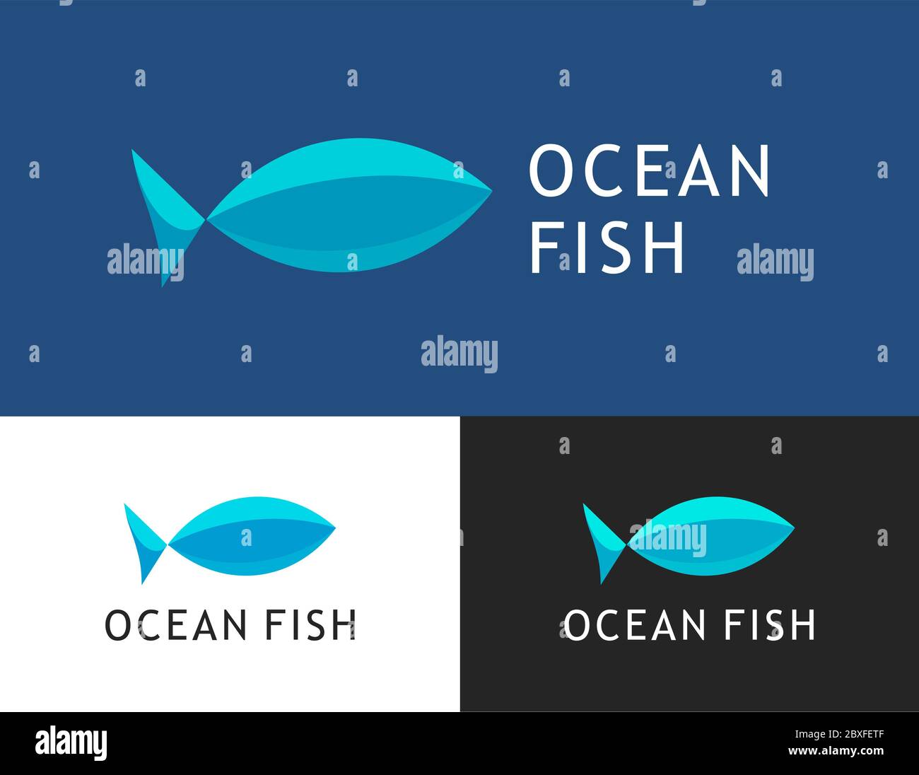 Ocean fish, logotipo vectorial para el mercado de pescado. Ilustración de emblema plano aislada en color azul, blanco y negro Ilustración del Vector
