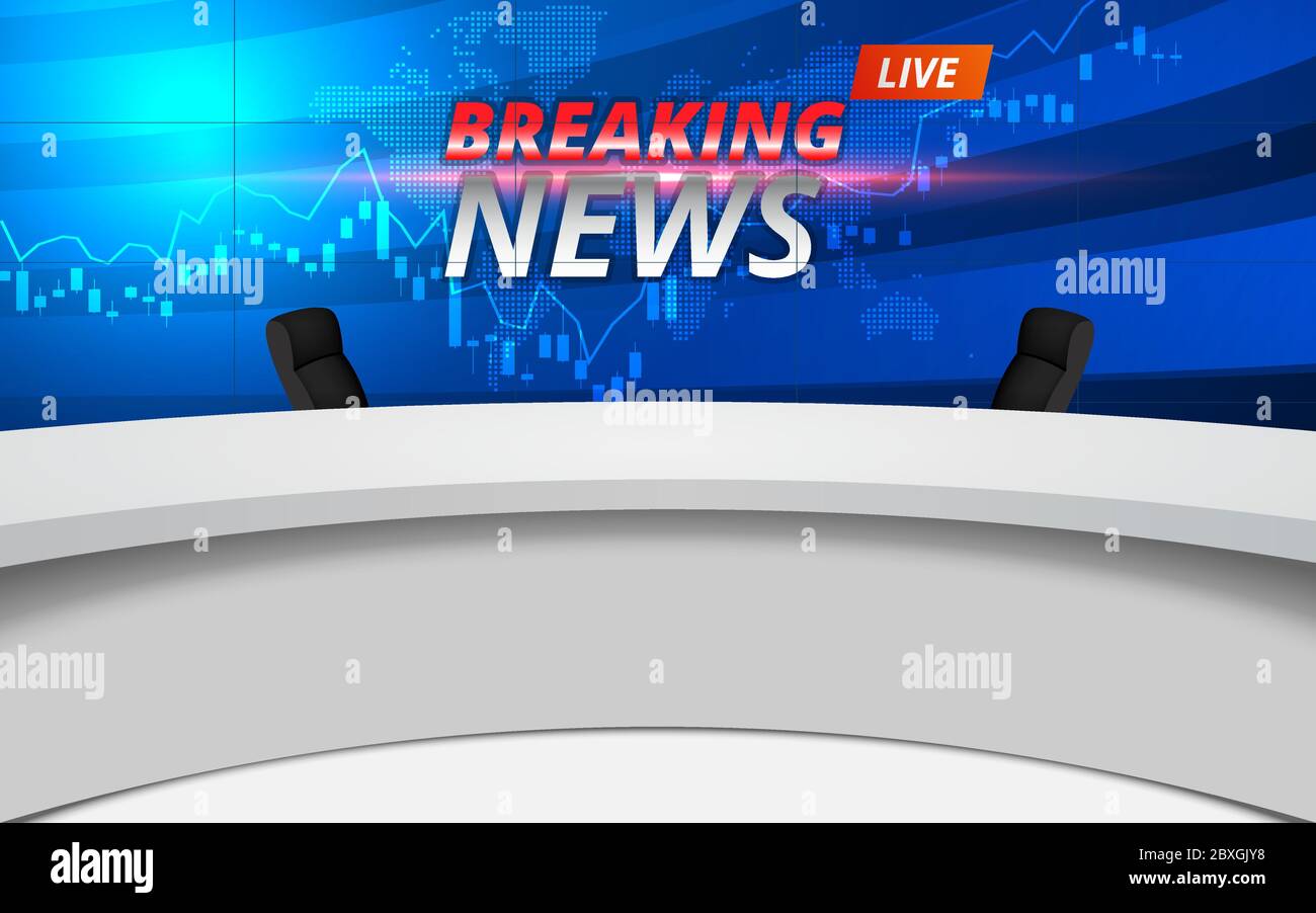 mesa blanca y sillas con noticias de última hora en vivo sobre fondo de lcds en el estudio de noticias Ilustración del Vector