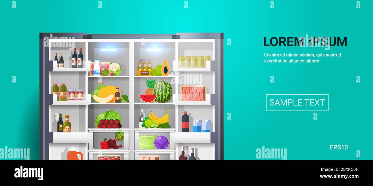 abra el refrigerador lado a lado del refrigerador lleno de alimentos frescos copiar espacio horizontal vector ilustración Ilustración del Vector