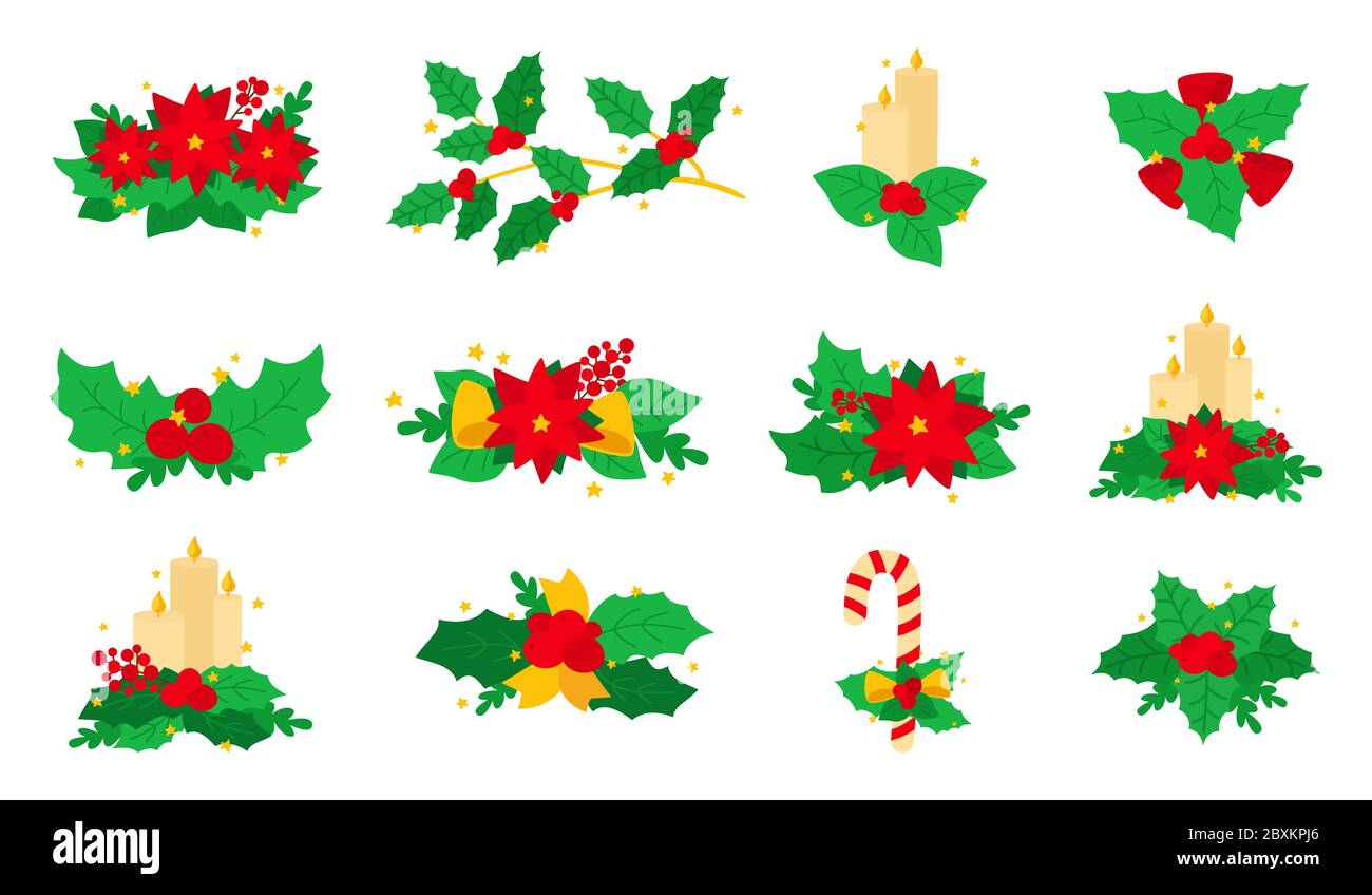 Navidad poinsettia, acebo, juego de velas. Elementos de diseño de dibujos animados planos. Año nuevo y composición de Navidad. Bayas y dulces, colección de composición de flores, con estrellas. Ilustración vectorial aislada Navidad poinsettia, acebo, juego de velas. Elementos de diseño de dibujos animados planos. Año nuevo y composición de Navidad. Bayas y dulces, colección de composición de flores, con estrellas. Ilustración vectorial aislada