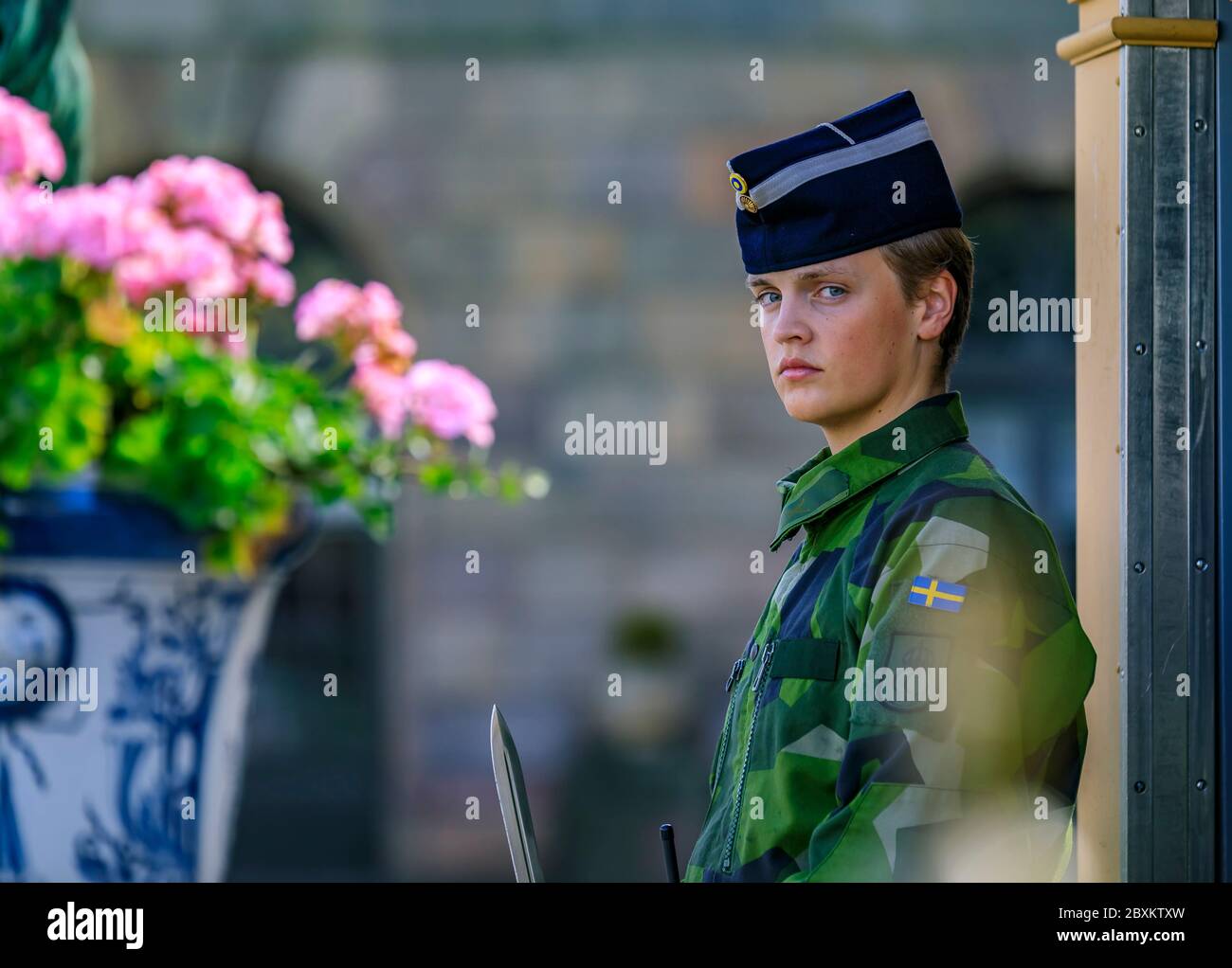 Estocolmo, Suecia - 17 de agosto de 2017: Oficial de las fuerzas armadas  suecas en uniforme de camuflaje en el puesto de guardia del Palacio Real,  flores en primer plano Fotografía de stock - Alamy