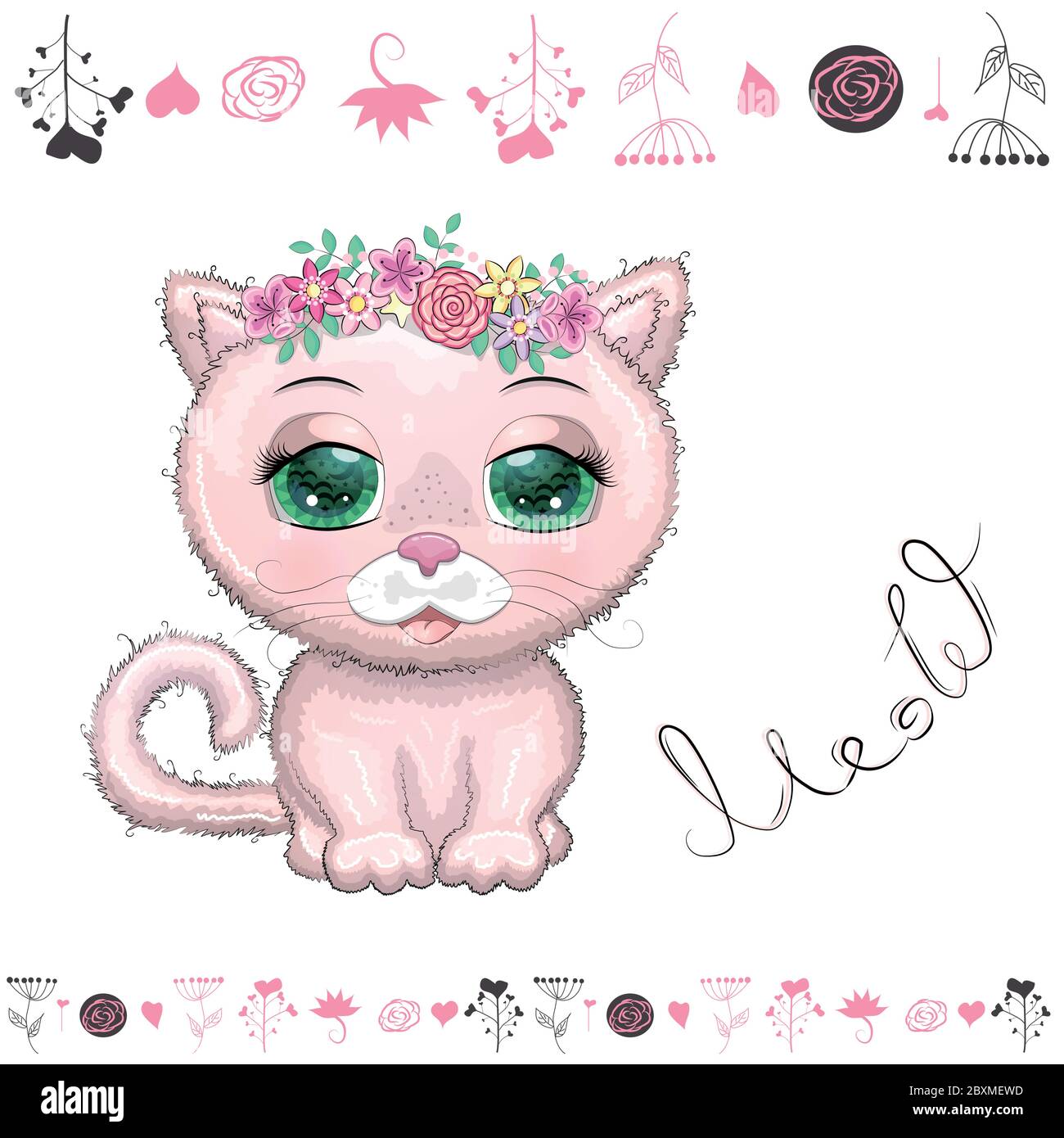 Lindo gato rosa de dibujos animados, gatito sobre un fondo de flores entre  mariposas Imagen Vector de stock - Alamy