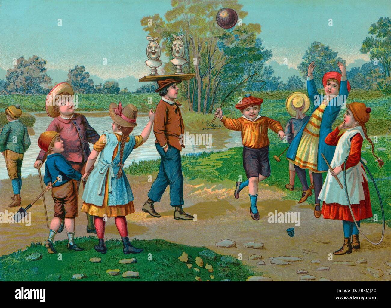 Ilustración antigua. En esta ilustración británica del siglo XIX los niños están jugando al aire libre con juguetes típicos de la época. Una feliz escena de verano. Foto de stock