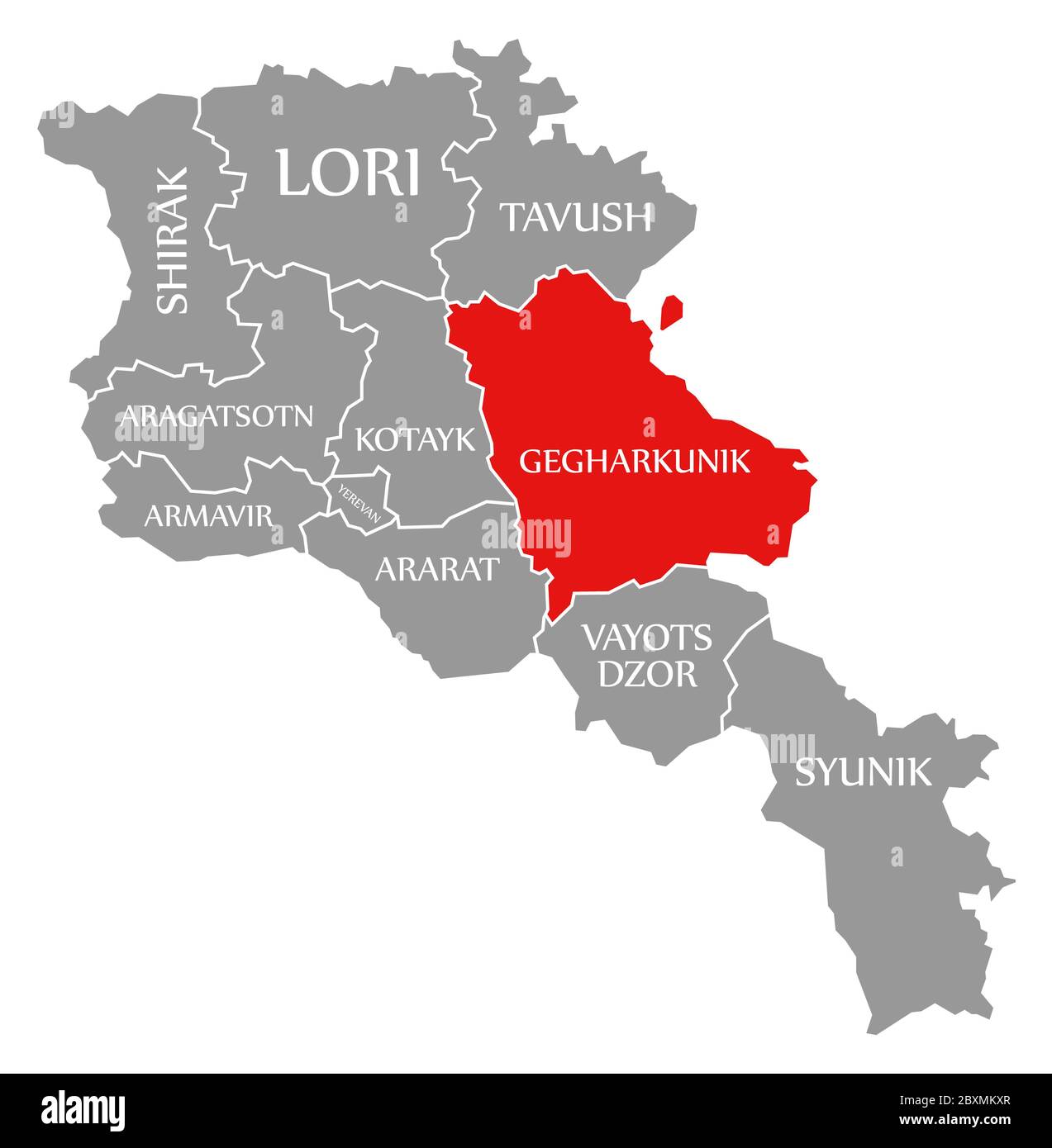 Gegharkunik rojo destacado en el mapa de Armenia Foto de stock